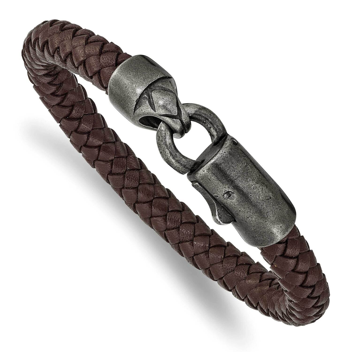 Grey Plating Brown Leather 8.25 Inch Bracelet Stainless Steel Antiqued SRB2426-8.25