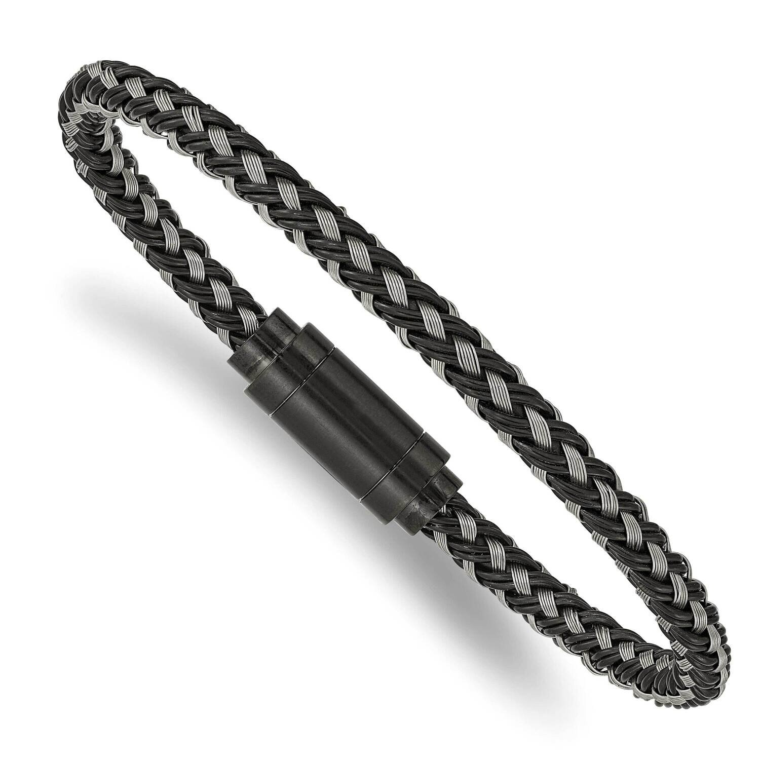 Black Ip Braided Wire & Rubber 8.25 Inch Bracelet Stainless Steel Polished SRB2427-8.25