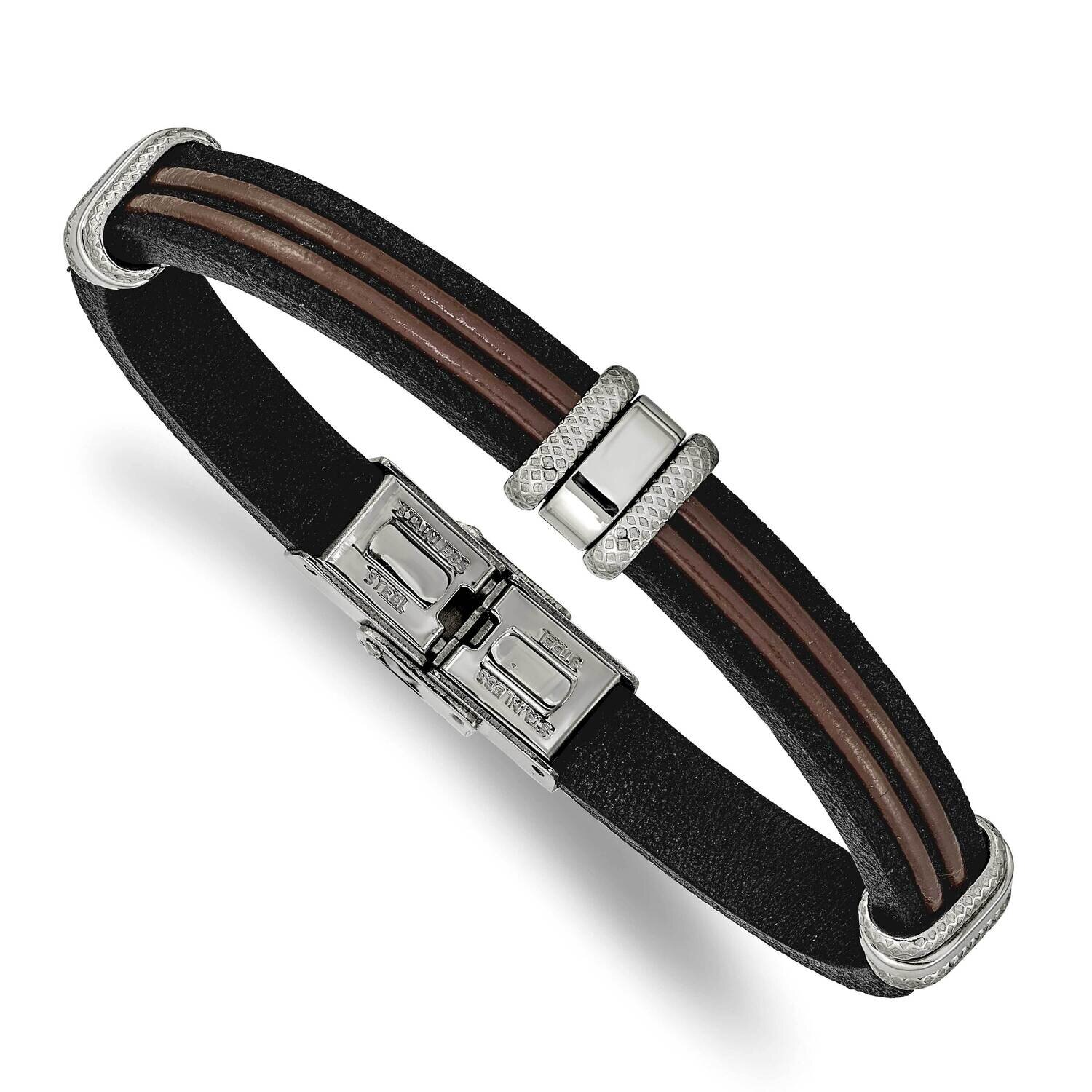 Black and Brown Leather 8.25 Inch Bracelet Stainless Steel Polished SRB2429-8.25, MPN: SRB2429-8.25…