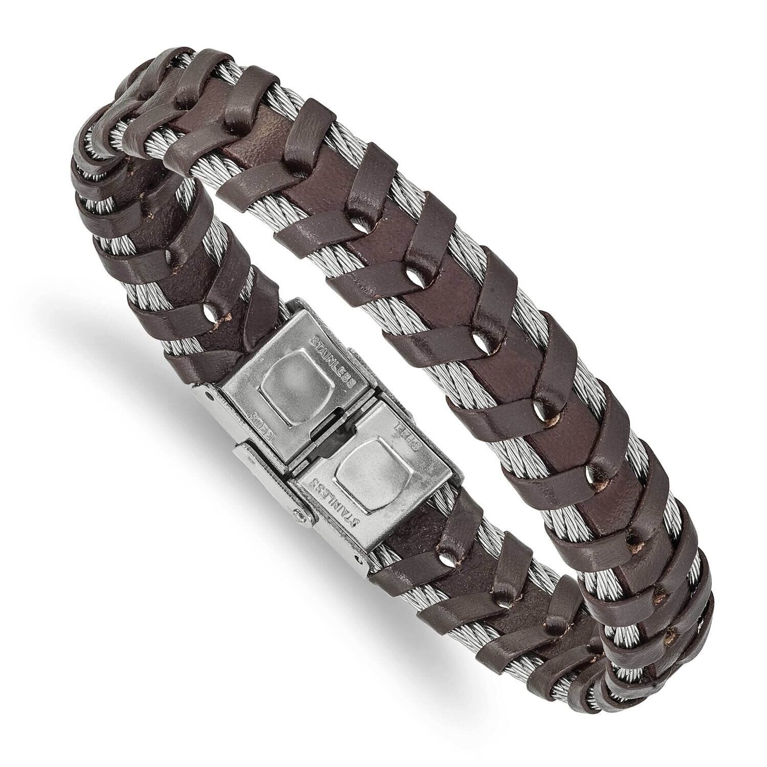 Wire and Brown Leather 8.25 Inch Bracelet Stainless Steel Polished SRB2430-8.25, MPN: SRB2430-8.25,…