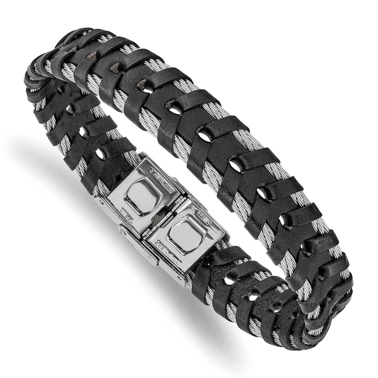 Braided Black Leather and Wire 8.25 Inch Bracelet Stainless Steel Polished SRB2431-8.25, MPN: SRB24…