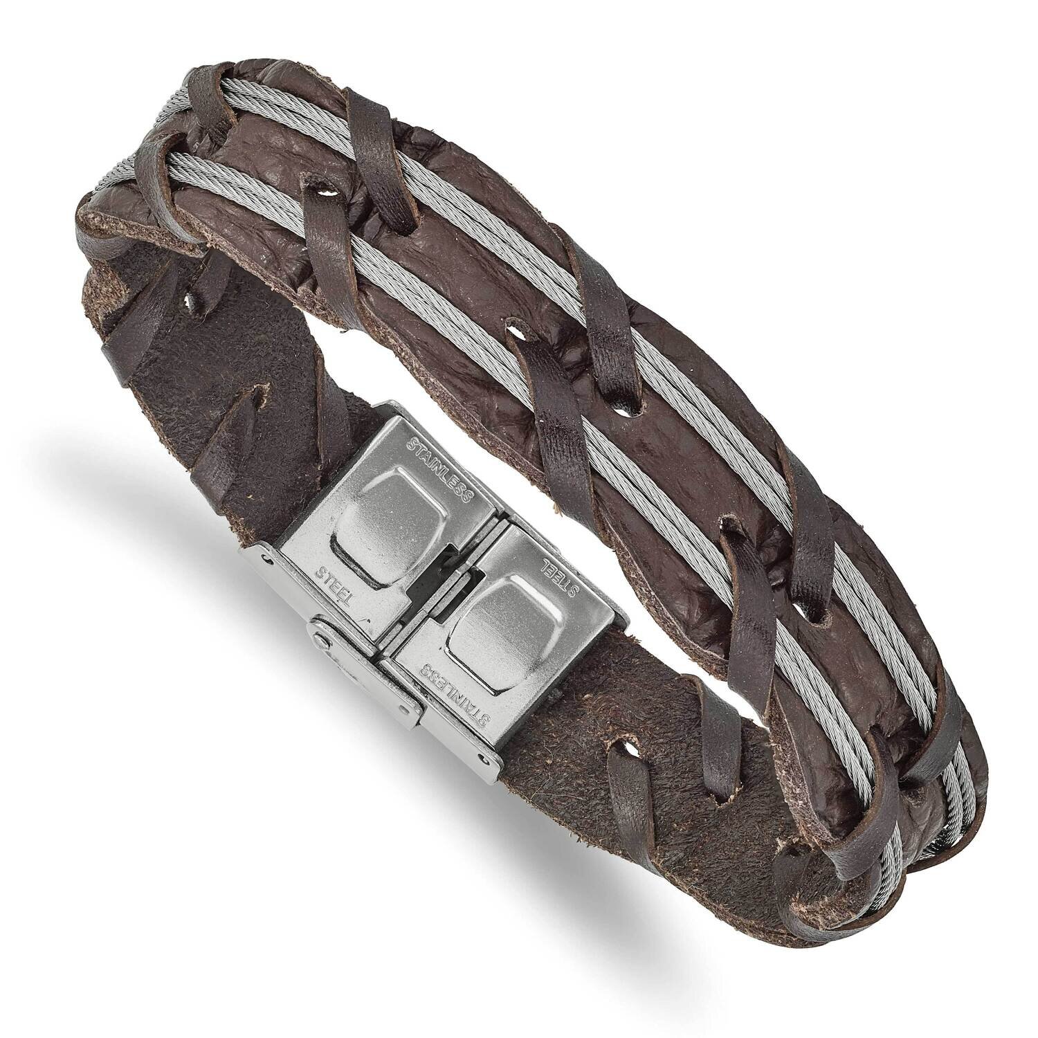 Brown Leather and Wire Braided 8.5 Inch Bracelet Stainless Steel Polished SRB2432-8.5, MPN: SRB2432…