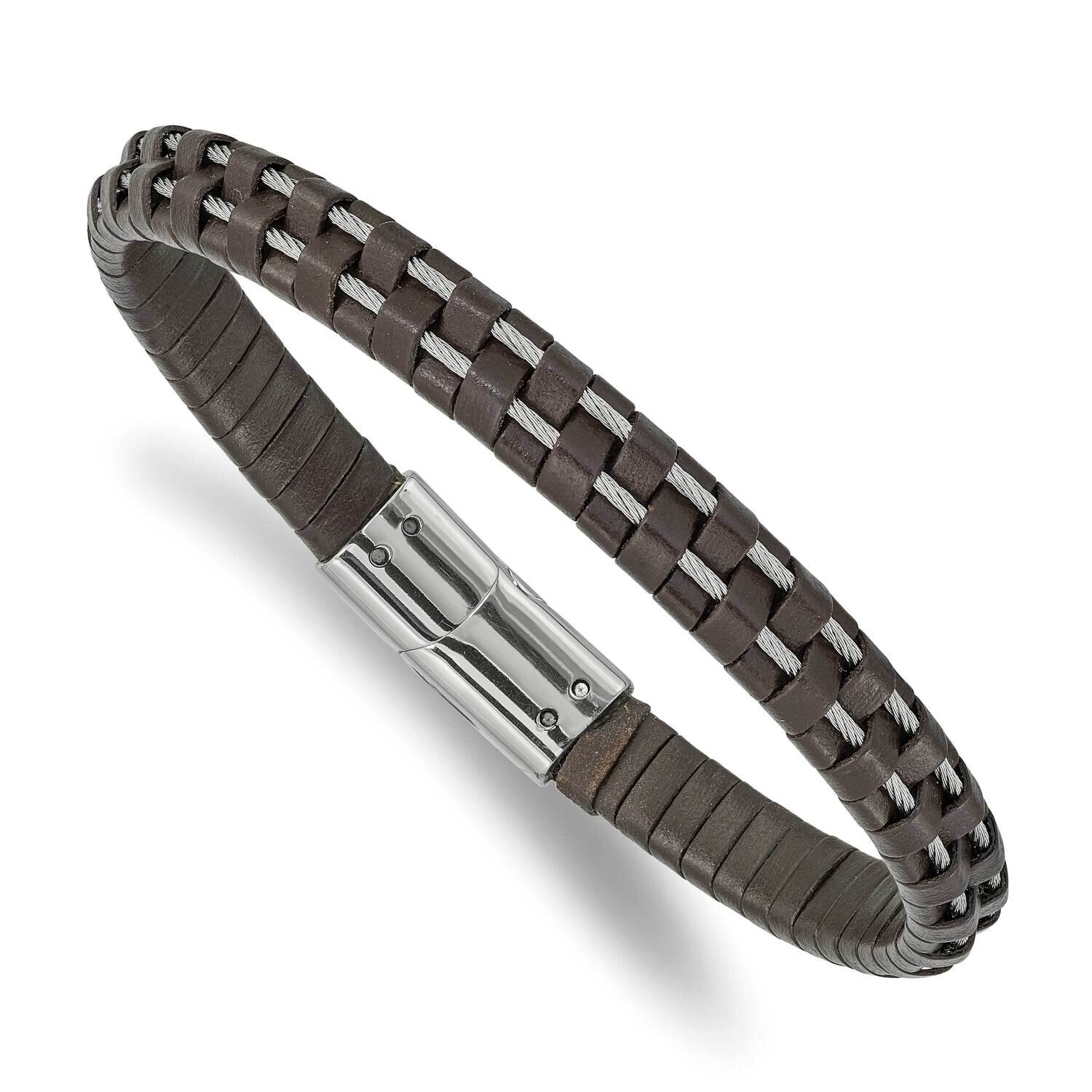 Wire and Brown Leather 8.75 Inch Bracelet Stainless Steel Polished SRB2434-8.75, MPN: SRB2434-8.75,…