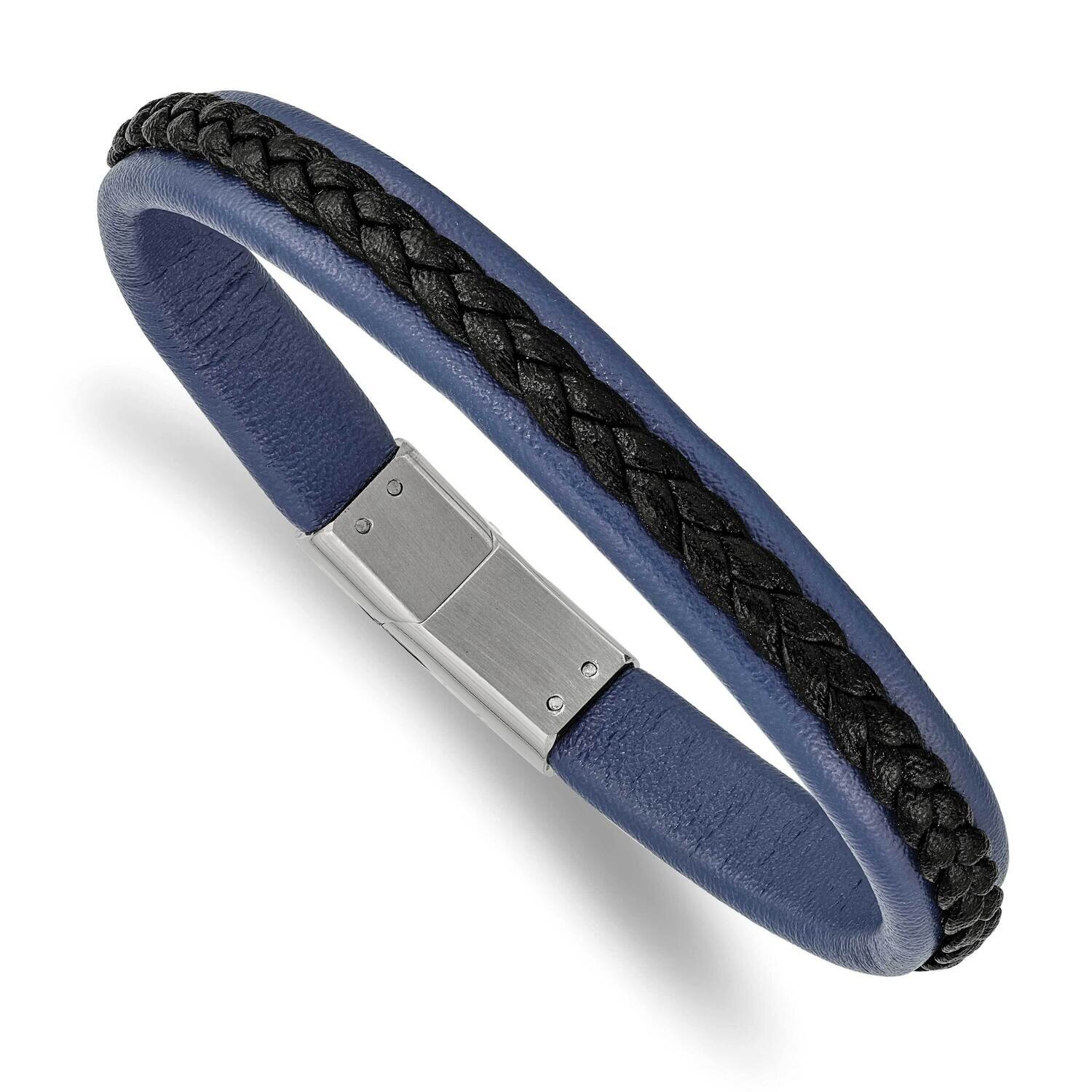 Blue and Black Faux Leather 8.25 Inch Bracelet Stainless Steel Polished SRB2435-8.25, MPN: SRB2435-…