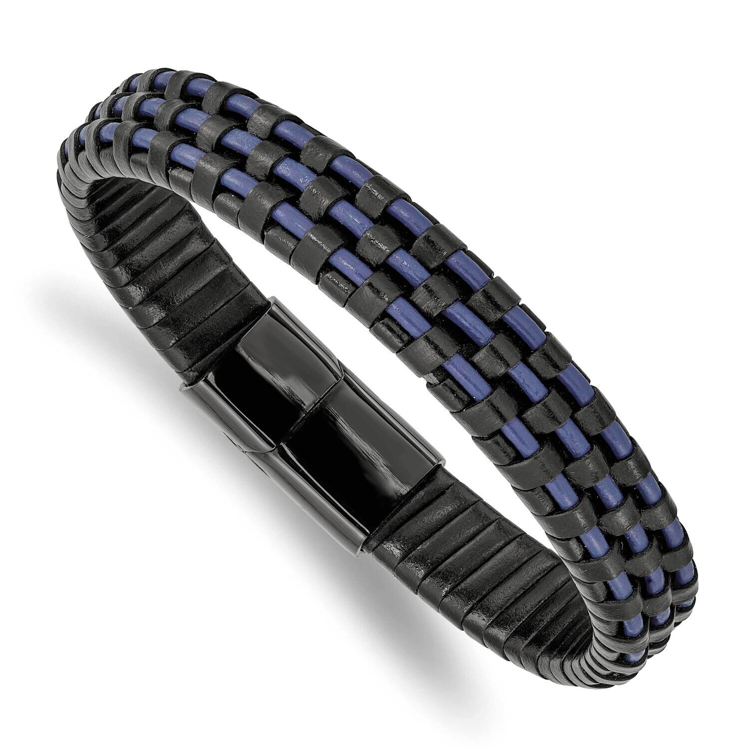 Black Ip Black and Blue Leather 8.25 Inch Bracelet Stainless Steel Polished SRB2437-8.25, MPN: SRB2…