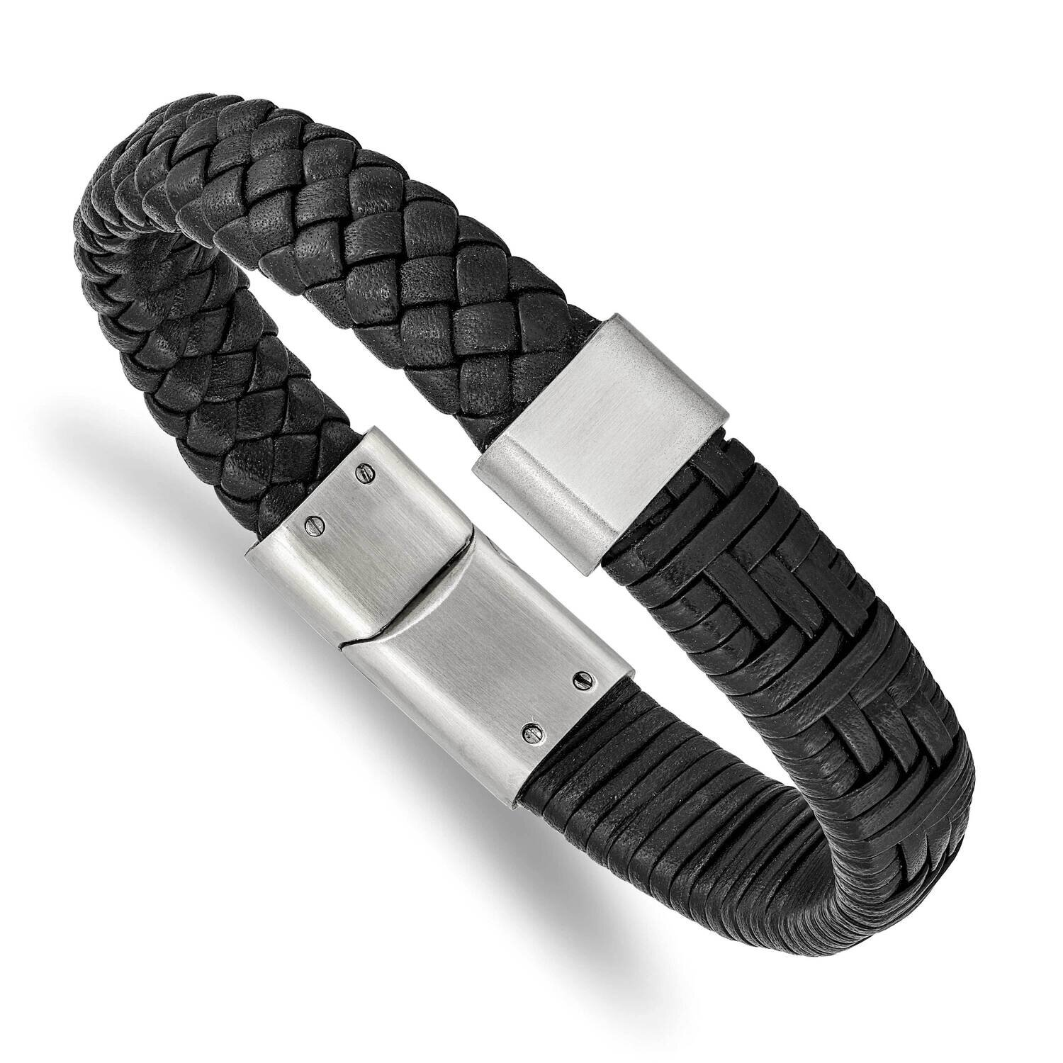 Black Leather 8.25 Inch Bracelet Stainless Steel Brushed SRB2442-8.25