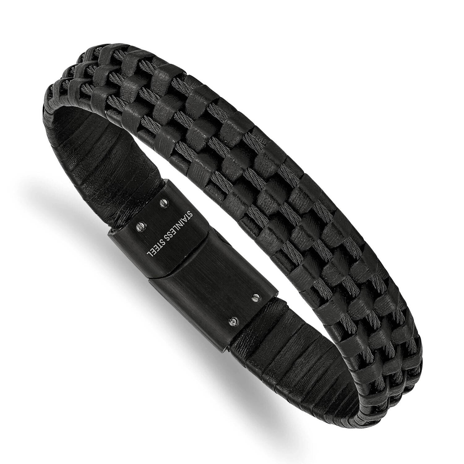 Black Ip Leather and Wire Bracelet Stainless Steel Brushed and Polished SRB2444-8.25, MPN: SRB2444-…