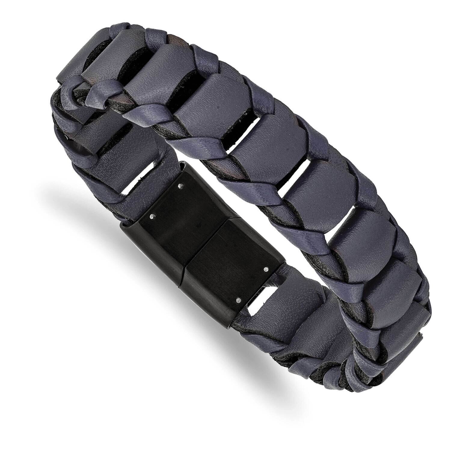 Black Ip-Plated Blue Leather 8.5 Inch Bracelet Stainless Steel Brushed SRB2447-8.5