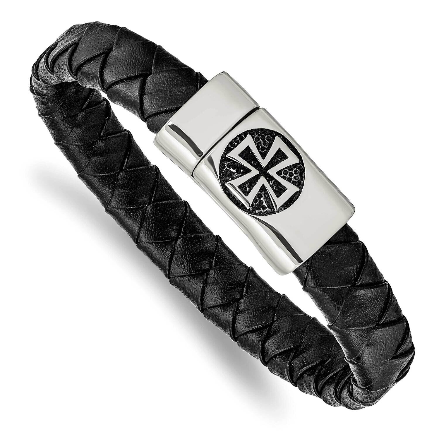 Polished Cross Black Leather 8.5 Inch Bracelet Stainless Steel Antiqued SRB2449-8.5