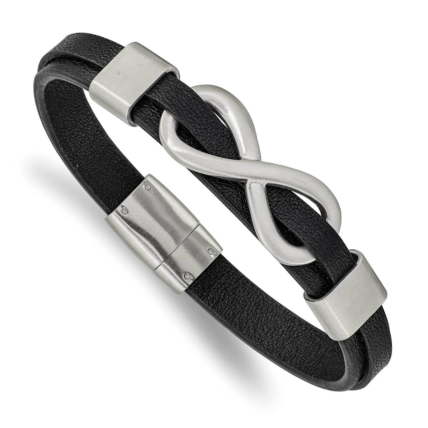 Infinity Symbol Black Leather 8 Inch Bracelet Stainless Steel Brushed SRB2454-8
