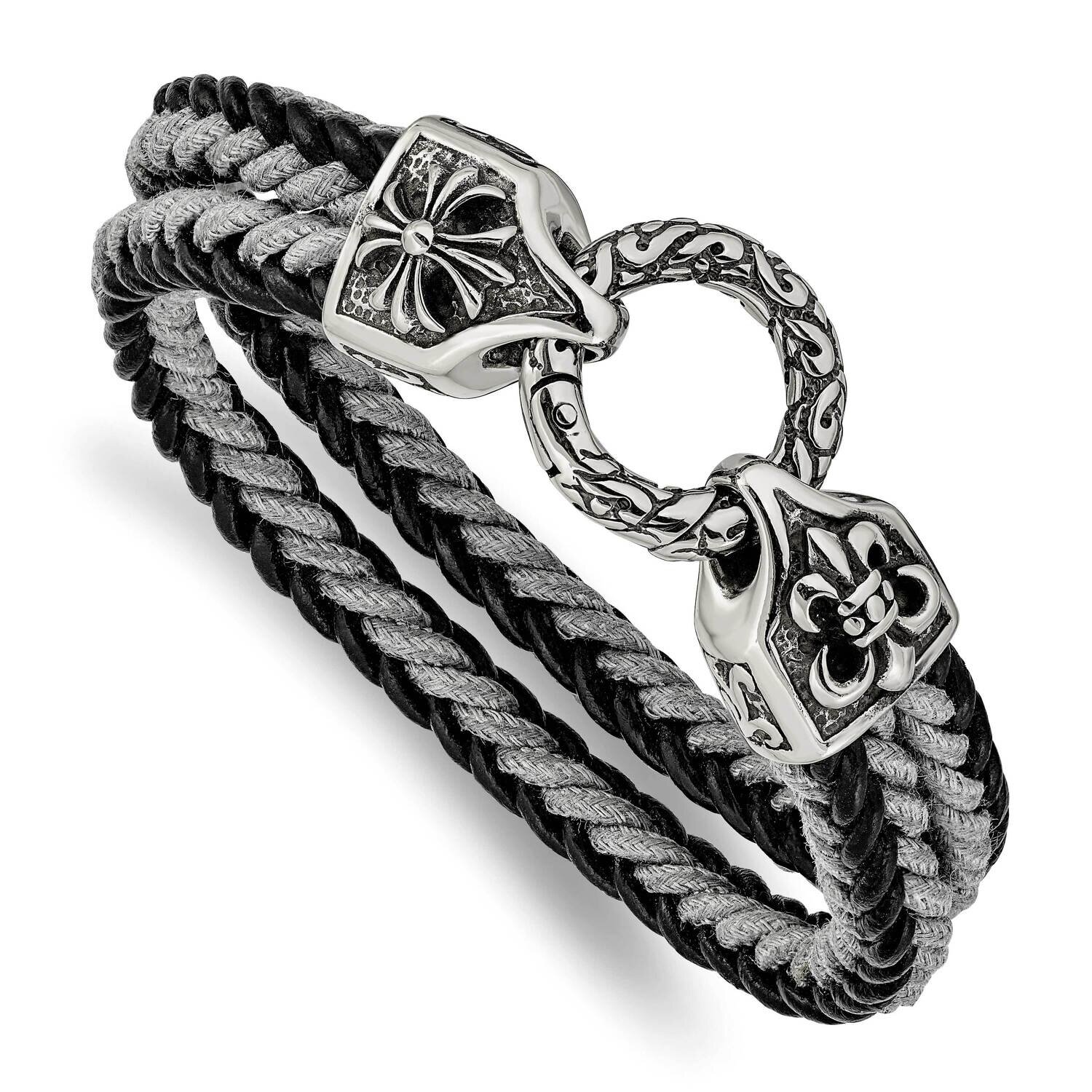 Polished Leather Cotton Braided 8 Inch Bracelet Stainless Steel Antiqued SRB2455-8