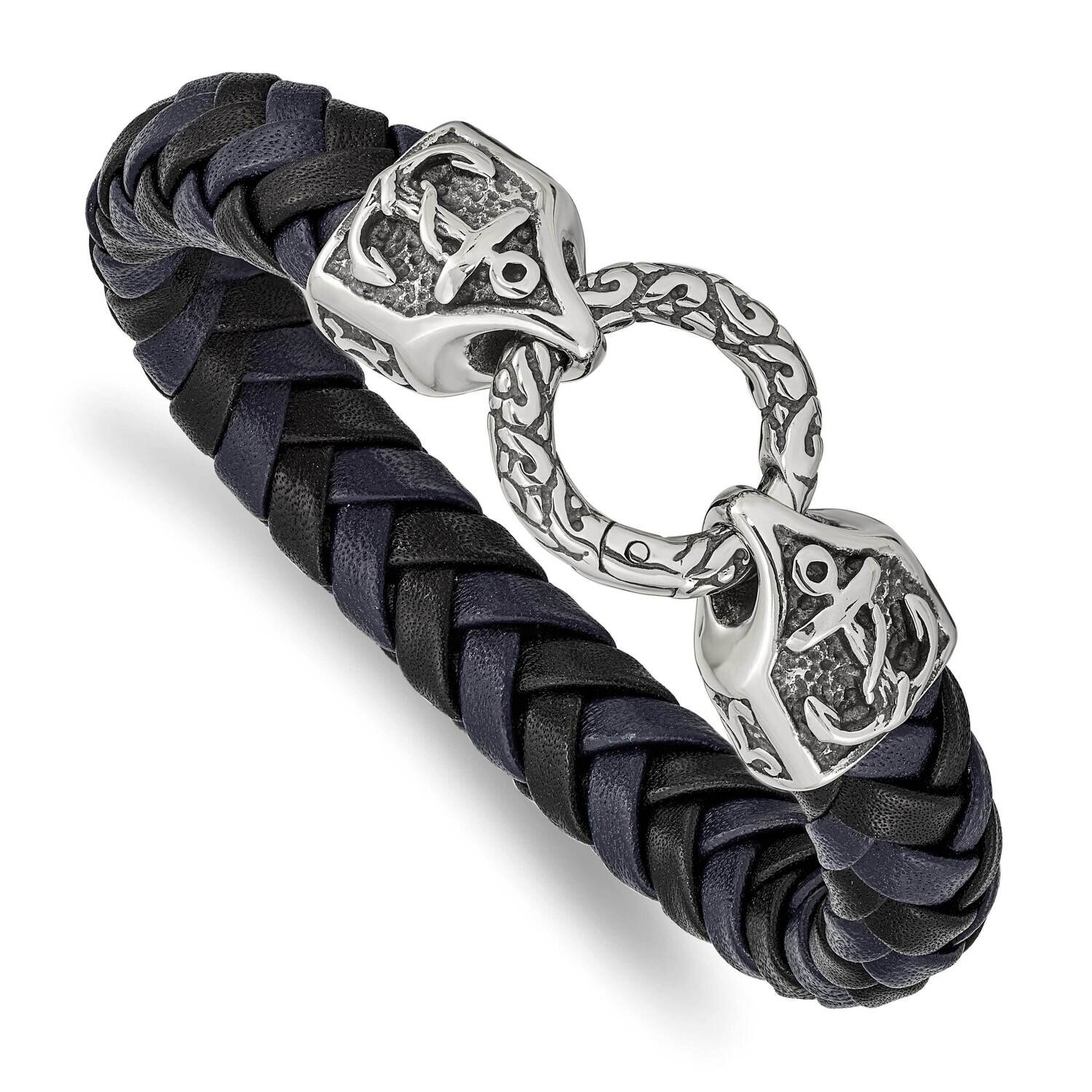 Polished Black Blue Leather 8.25 Inch Bracelet Stainless Steel Antiqued SRB2456-8.25