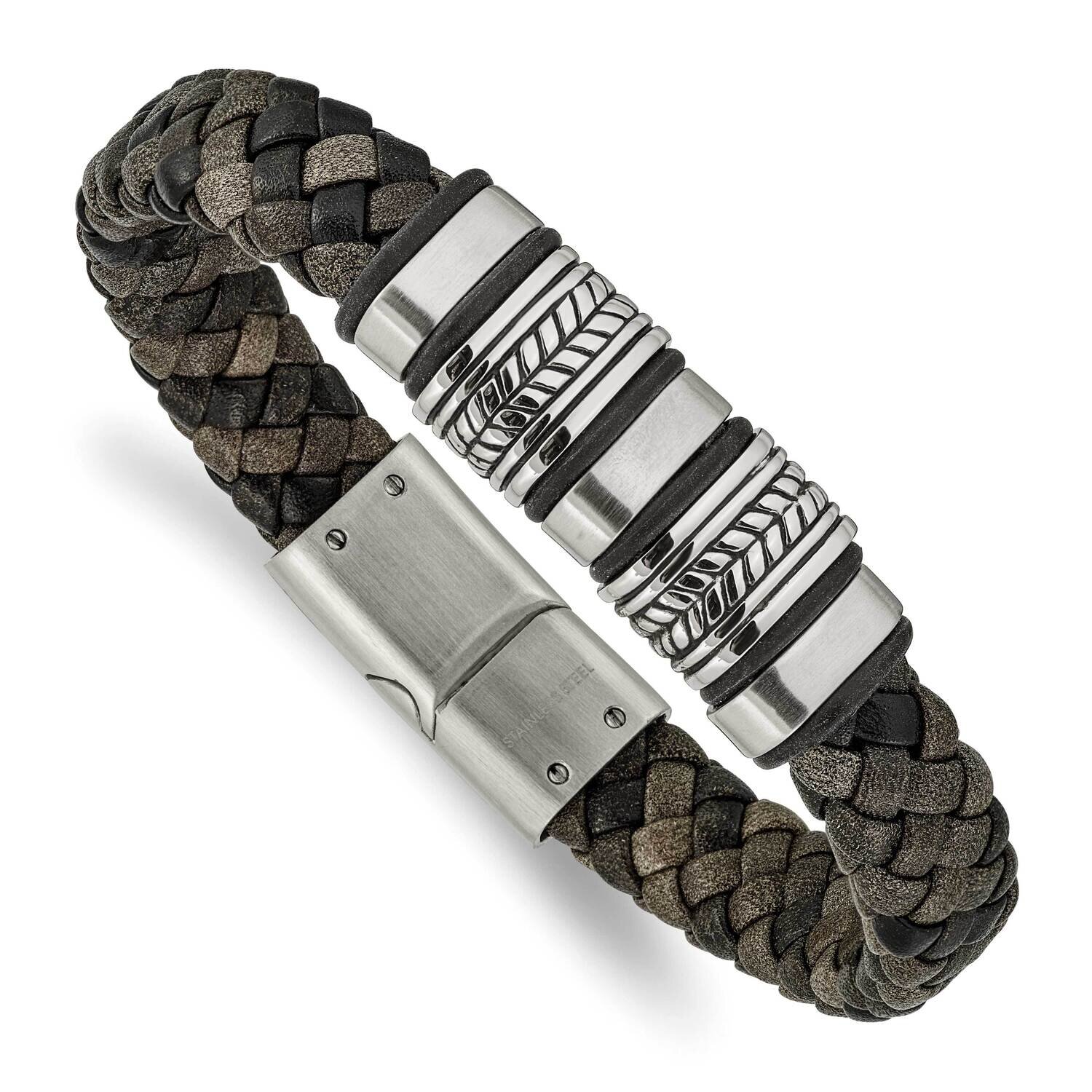 Antiqued Leather with Silicone Bracelet Stainless Steel Brushed Polished SRB2457-8.25