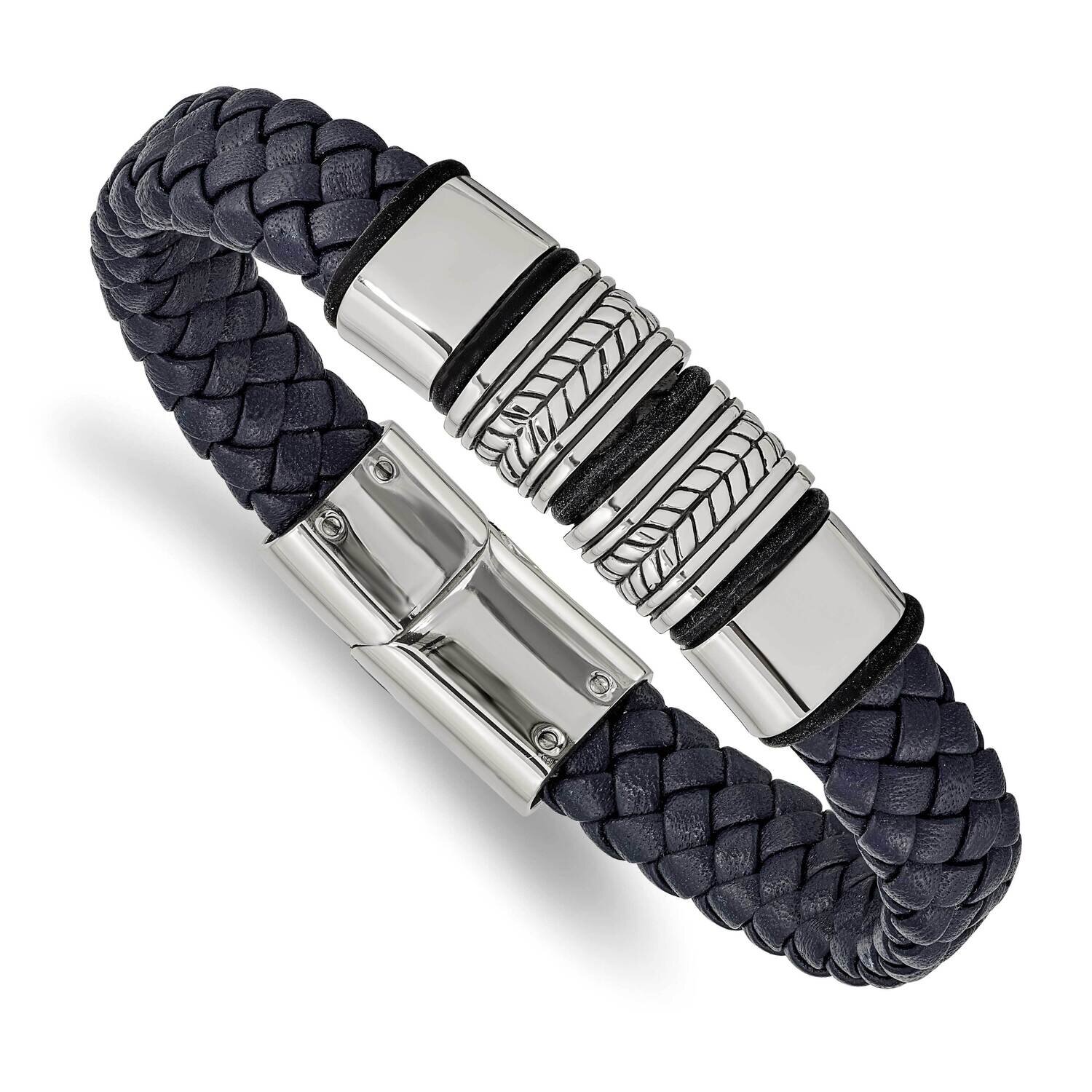 Polished Blue Leather with Silicone 8.25 Inch Bracelet Stainless Steel Antiqued SRB2458-8.25, MPN: …