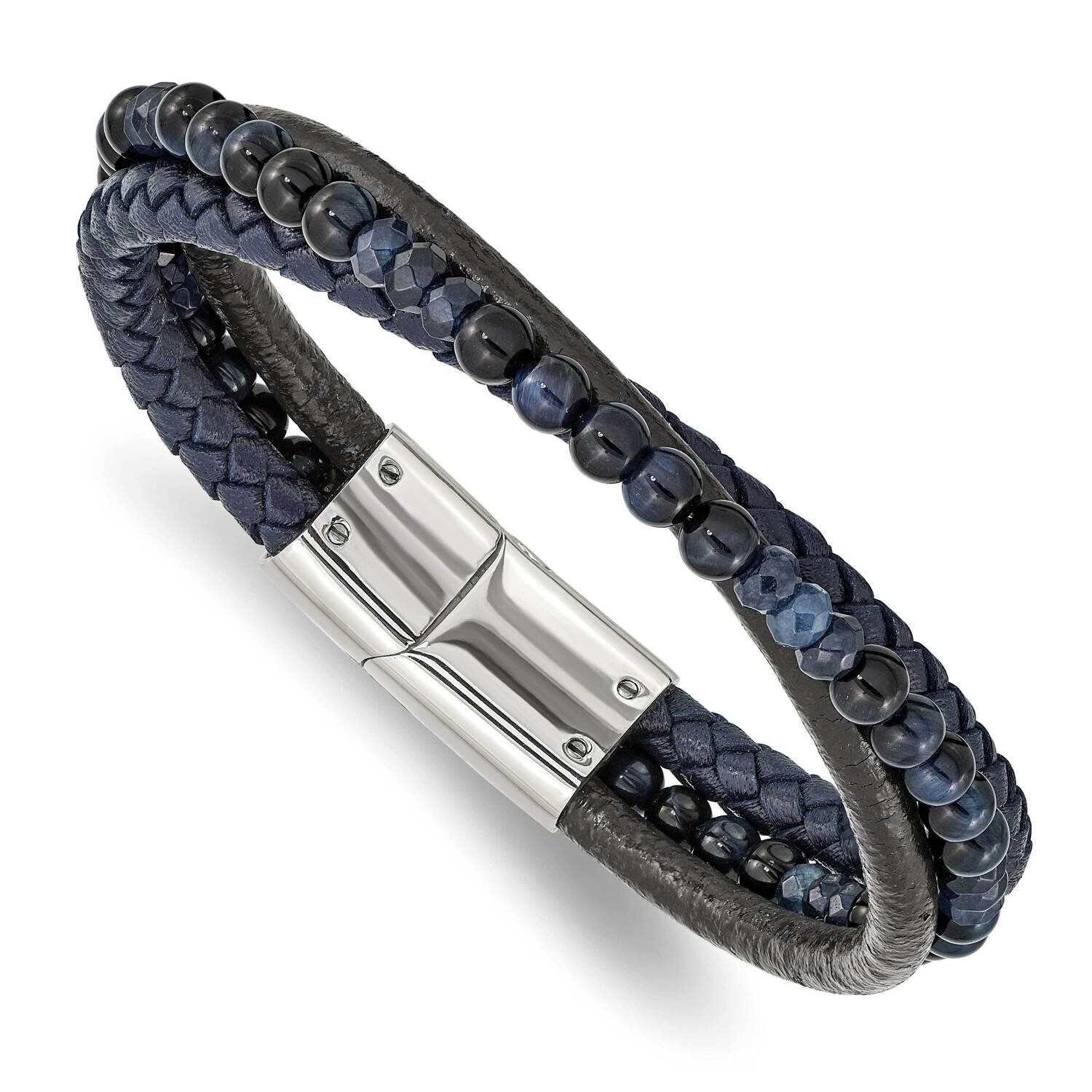 Blue Chalcedony Tiger&#39;s Eye Leather Bracelet Stainless Steel Polished SRB2462-8.25, MPN: SRB2462-8.…