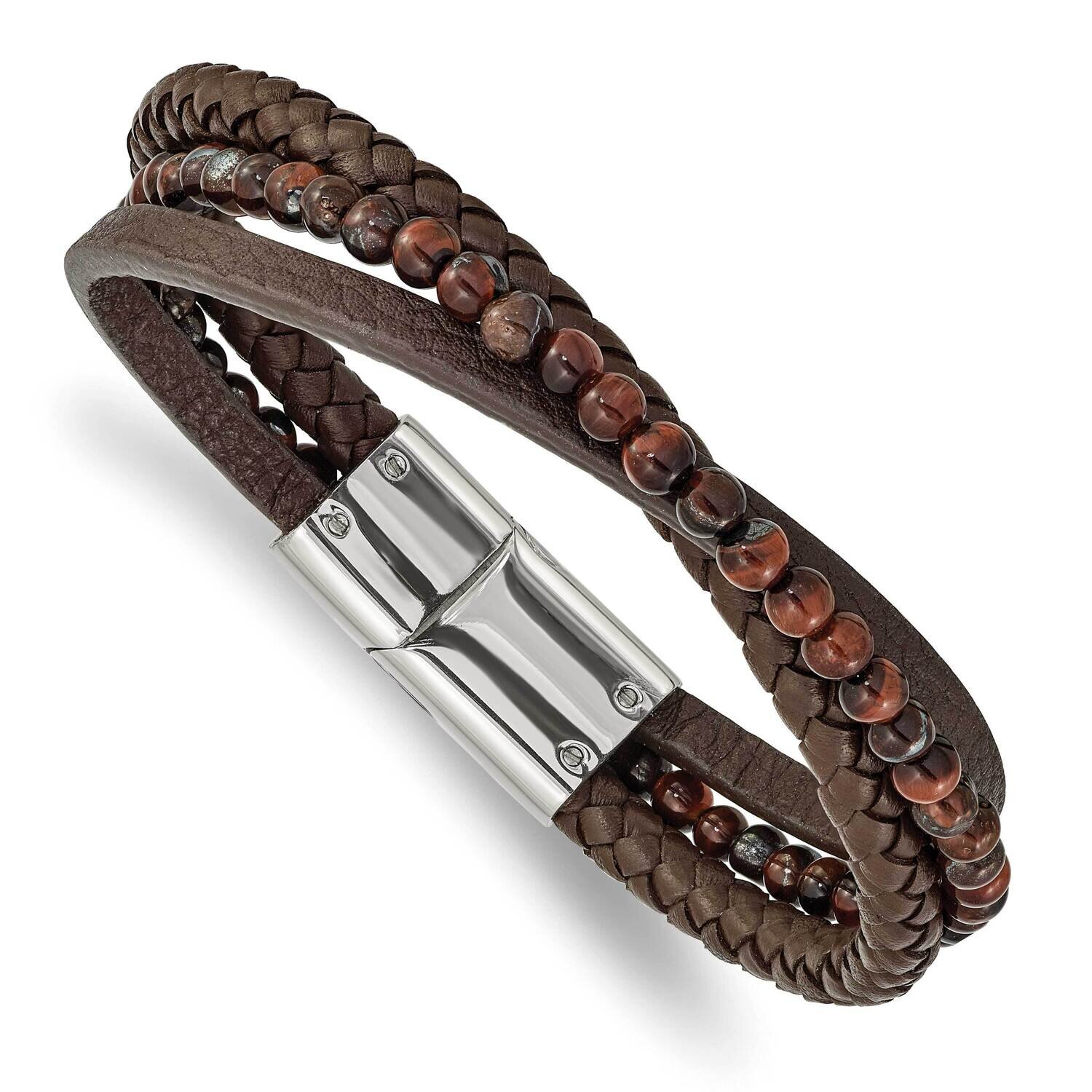 Tiger's Eye Brown Leather 8.25 Inch Bracelet Stainless Steel Polished SRB2463-8.25