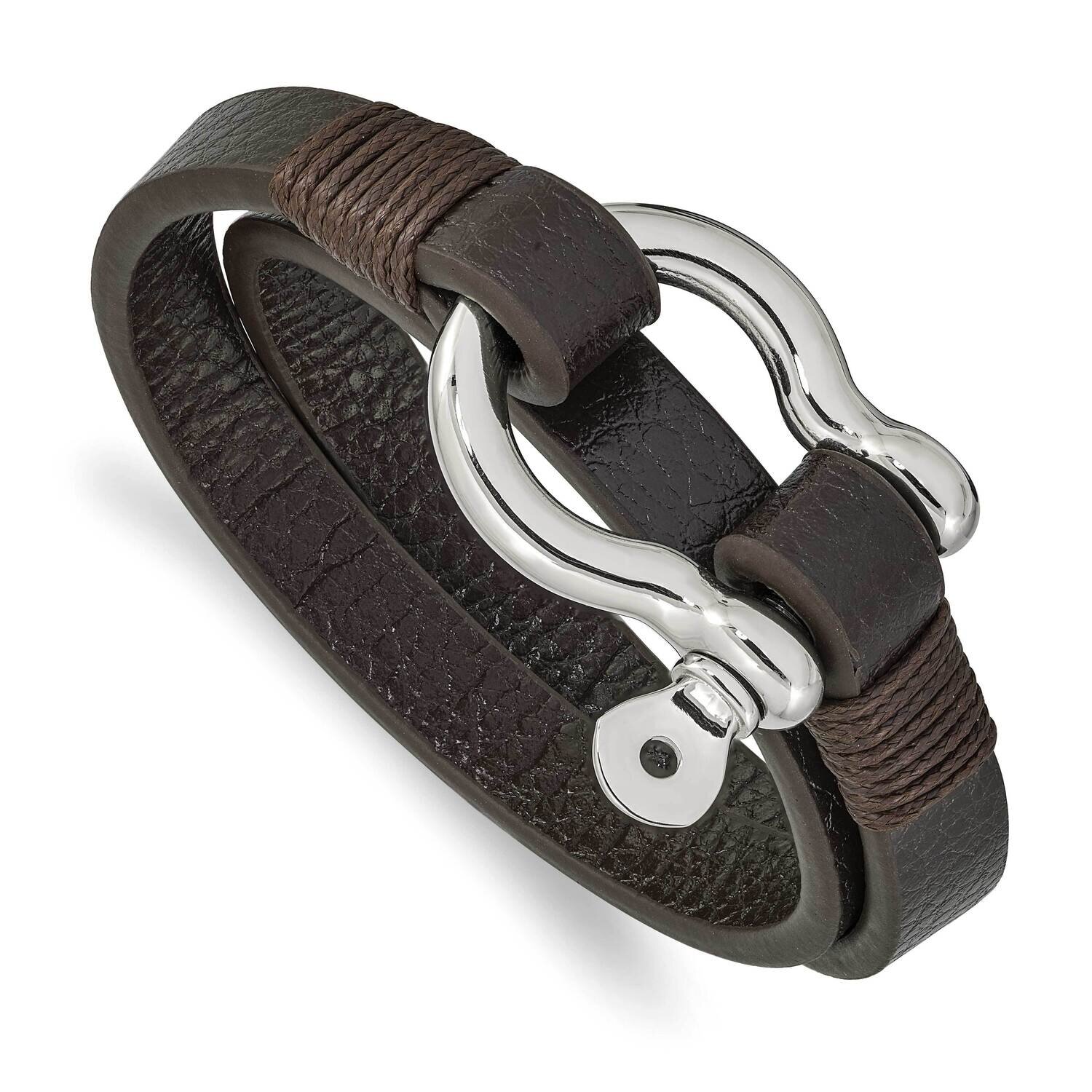 Brown Leather 16 Inch Wrap Shackle Bracelet Stainless Steel Polished SRB2466