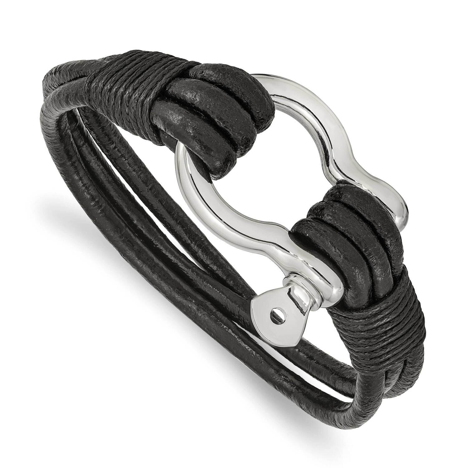 Black Leather Multi Strand 8.5 Inch Shackle Bracelet Stainless Steel Polished SRB2467-8.5, MPN: SRB…