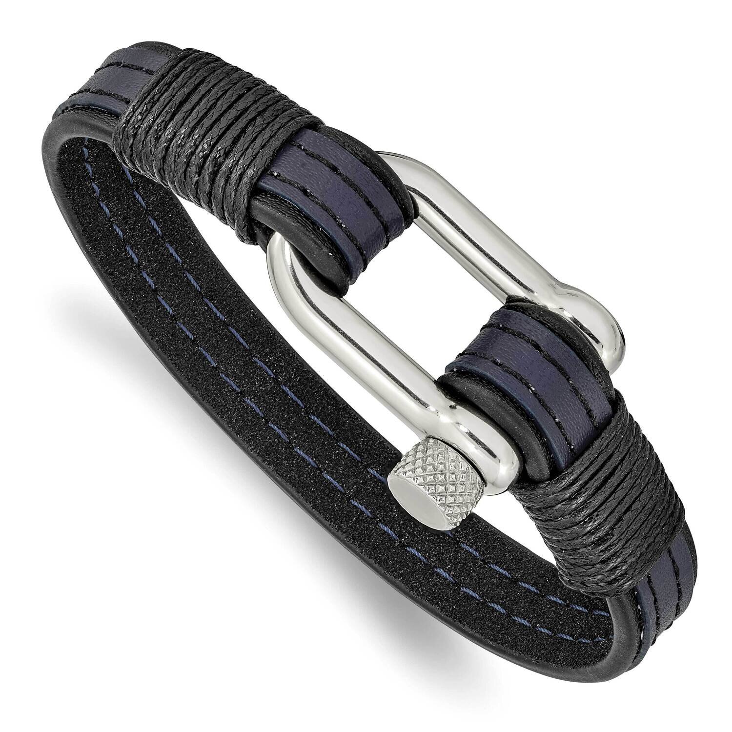 Black &amp; Blue Leather 8.25 Inch Shackle Bracelet Stainless Steel Polished SRB2469-8.25, MPN: SRB2469…