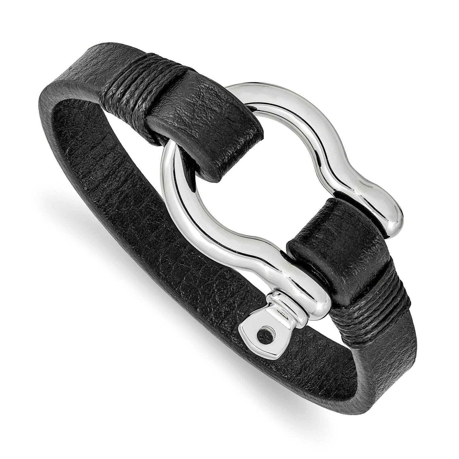 Black Leather 8.25 Inch Shackle Bracelet Stainless Steel Polished SRB2470-8.25