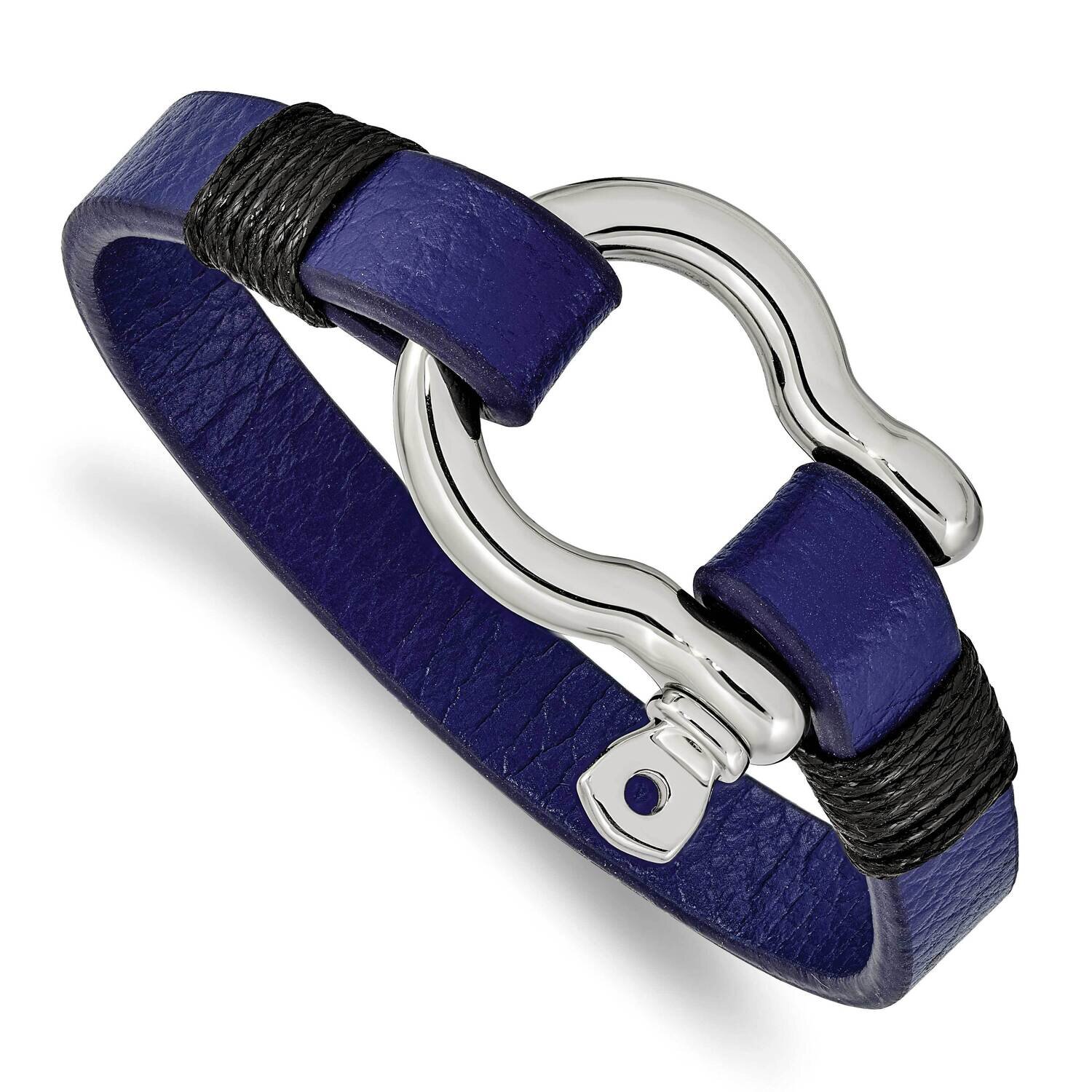 Black and Blue Leather 8.25 Inch Shackle Bracelet Stainless Steel Polished SRB2471-8.25, MPN: SRB24…