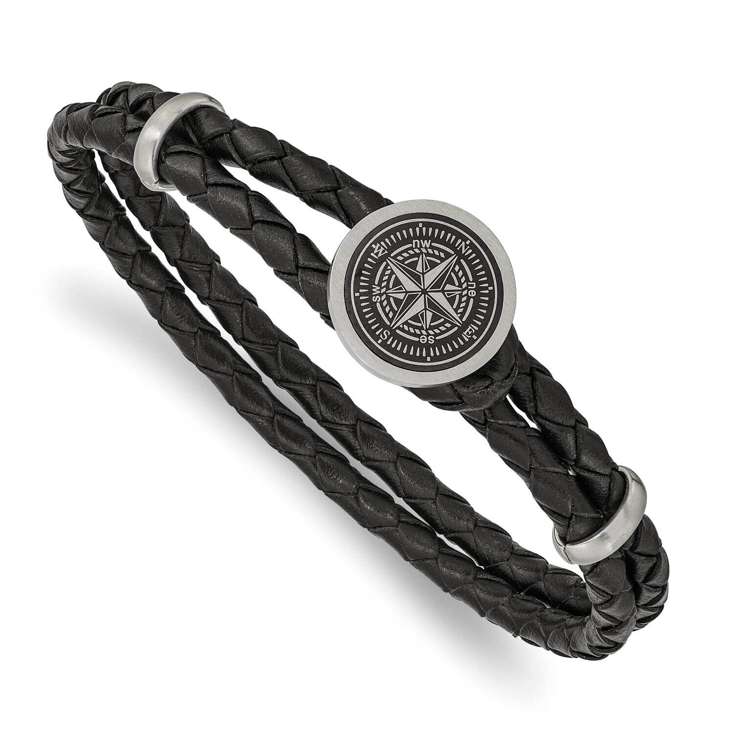 Lasered Compass Black Leather 8.5 Inch Bracelet Stainless Steel Brushed SRB2475-8.5, MPN: SRB2475-8…