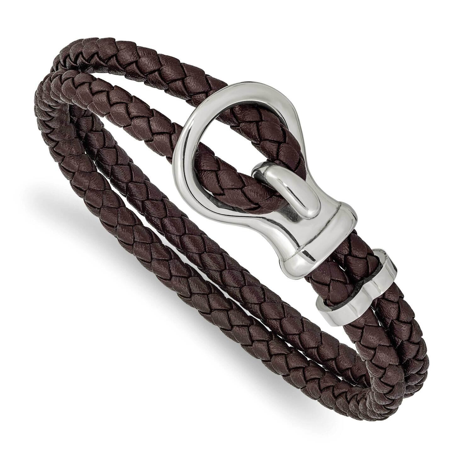 Braided Brown Leather 8 Inch Bracelet Stainless Steel Polished SRB2476-8