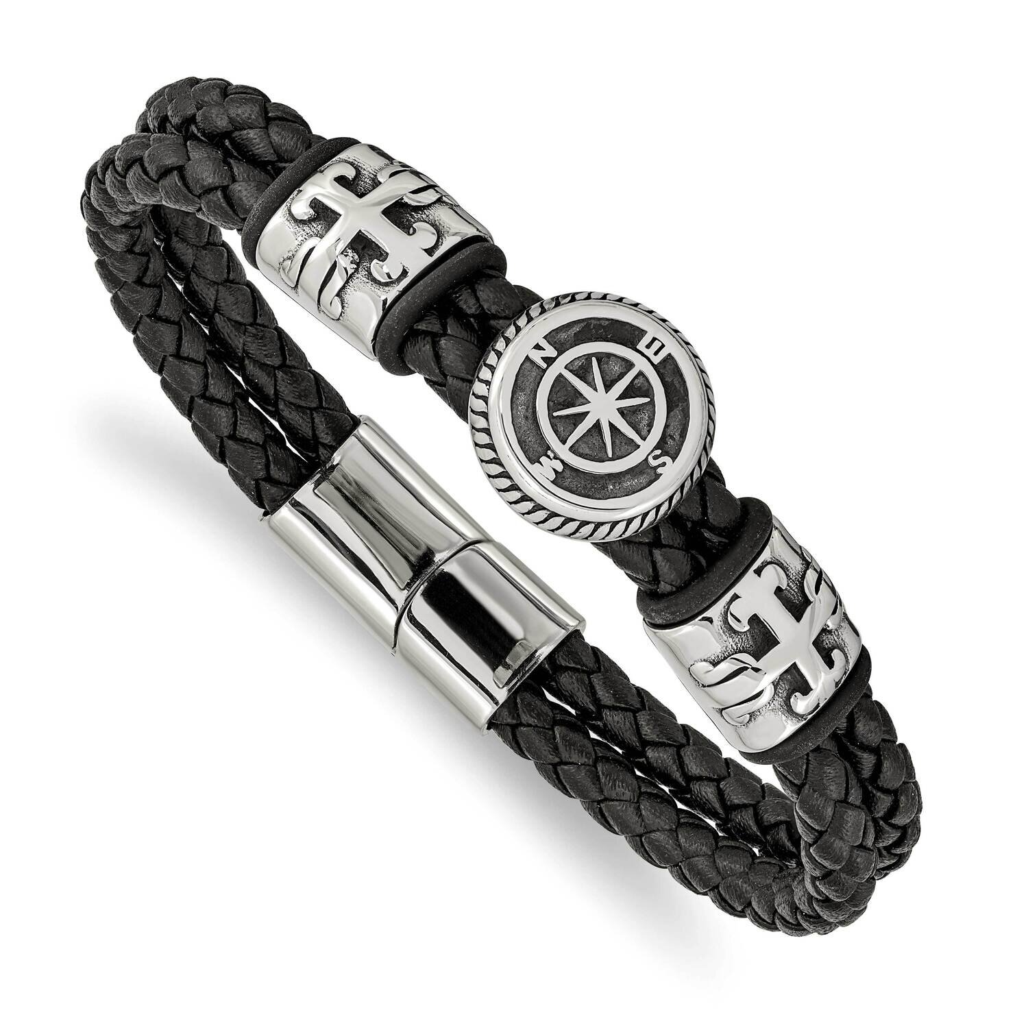 Polished Black Leather with Rubber 8.25 Inch Bracelet Stainless Steel Antiqued SRB2477-8.25