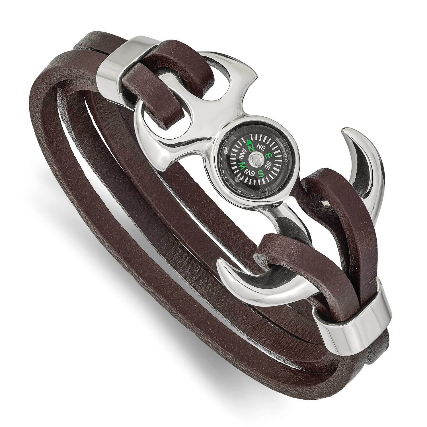 Functional Compass Brown Leather 8.5 Inch Bracelet Stainless Steel Polished SRB2480-8.5, MPN: SRB24…