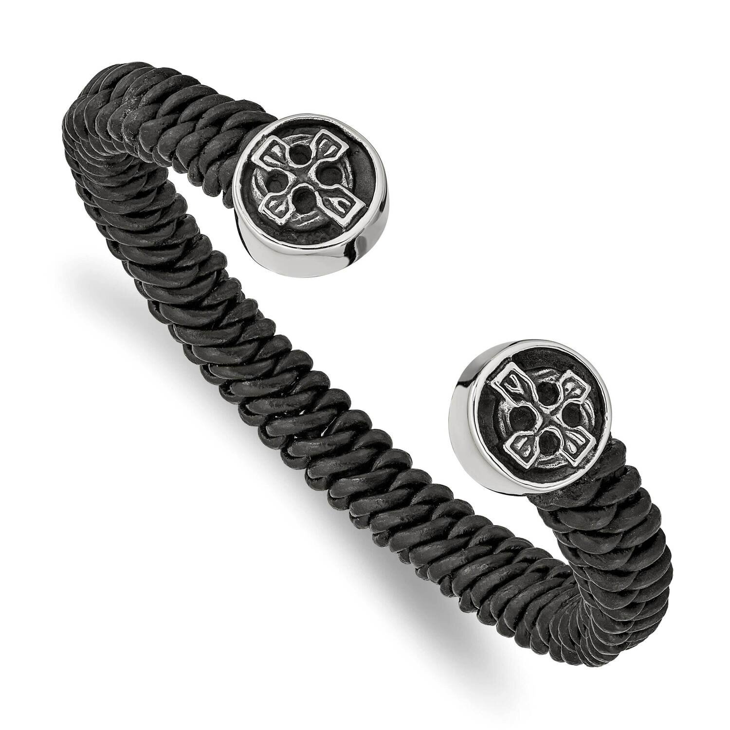 Stainless Antiqued and Polished Black Leather Celtic Cross Cuff Bracelet SRB2481, MPN: SRB2481, 191…