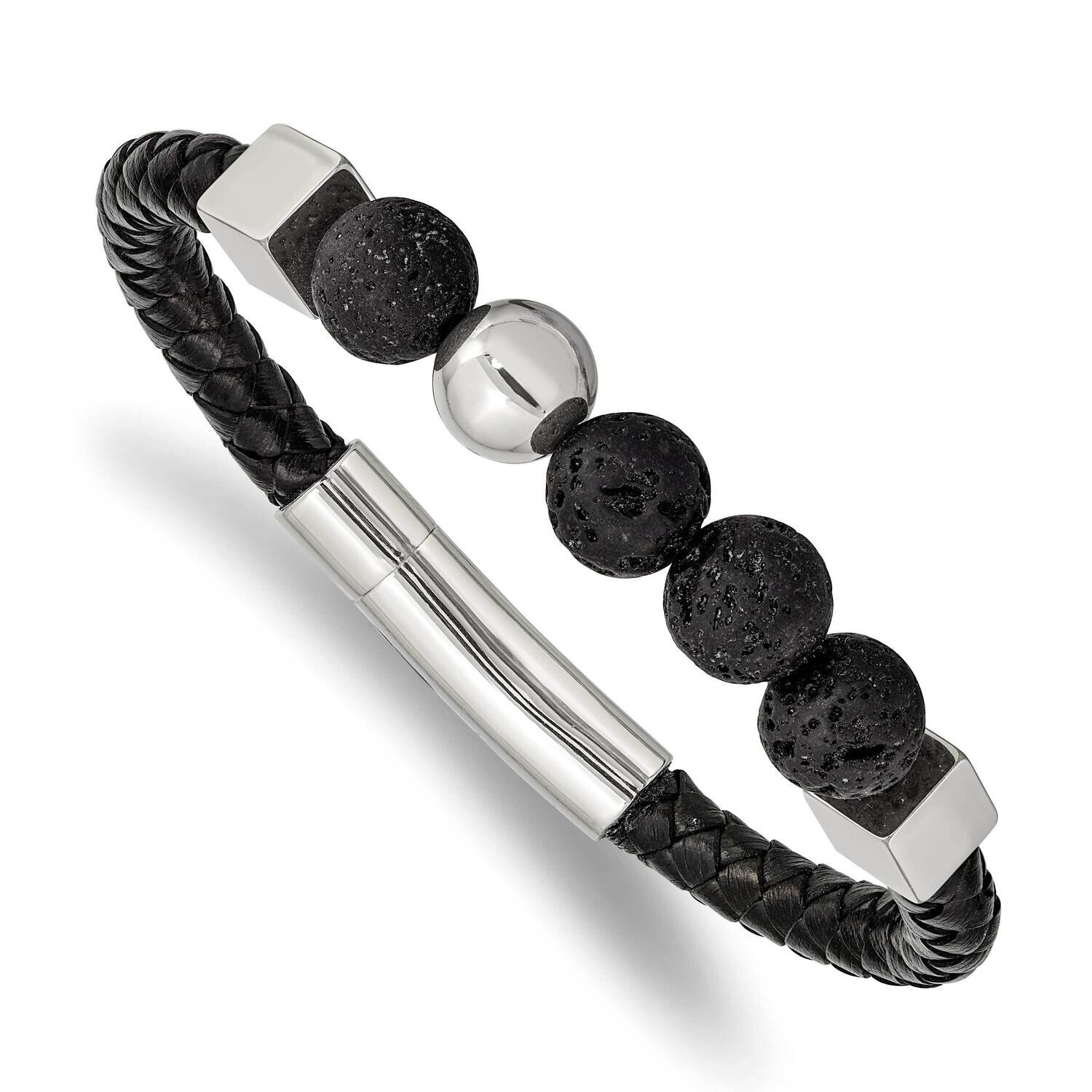 Lava Stone Black Leather 8 Inch Bracelet Stainless Steel Polished SRB2484-8