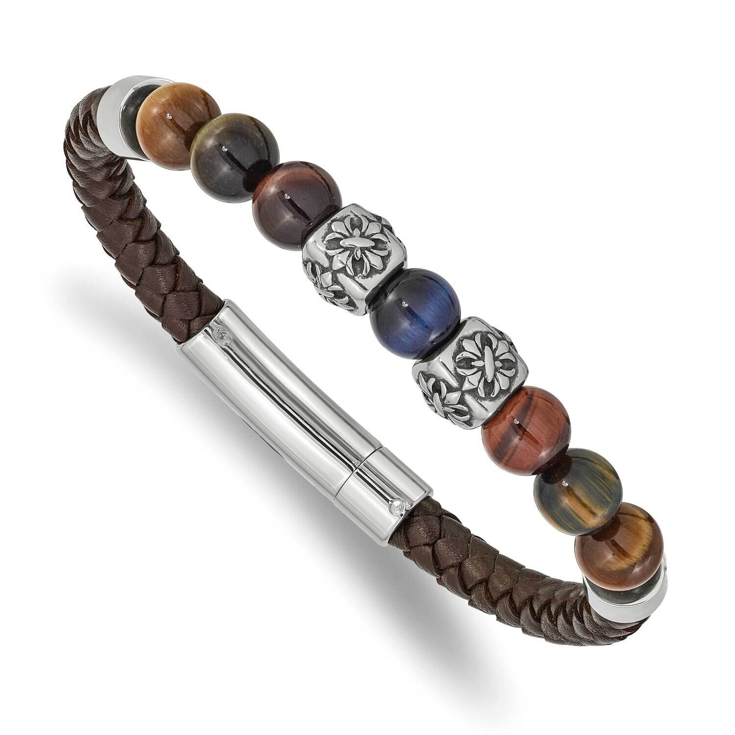 Polished Multicolor Tiger&#39;s Eye Leather Bracelet Stainless Steel Antiqued SRB2488-8.5, MPN: SRB2488…