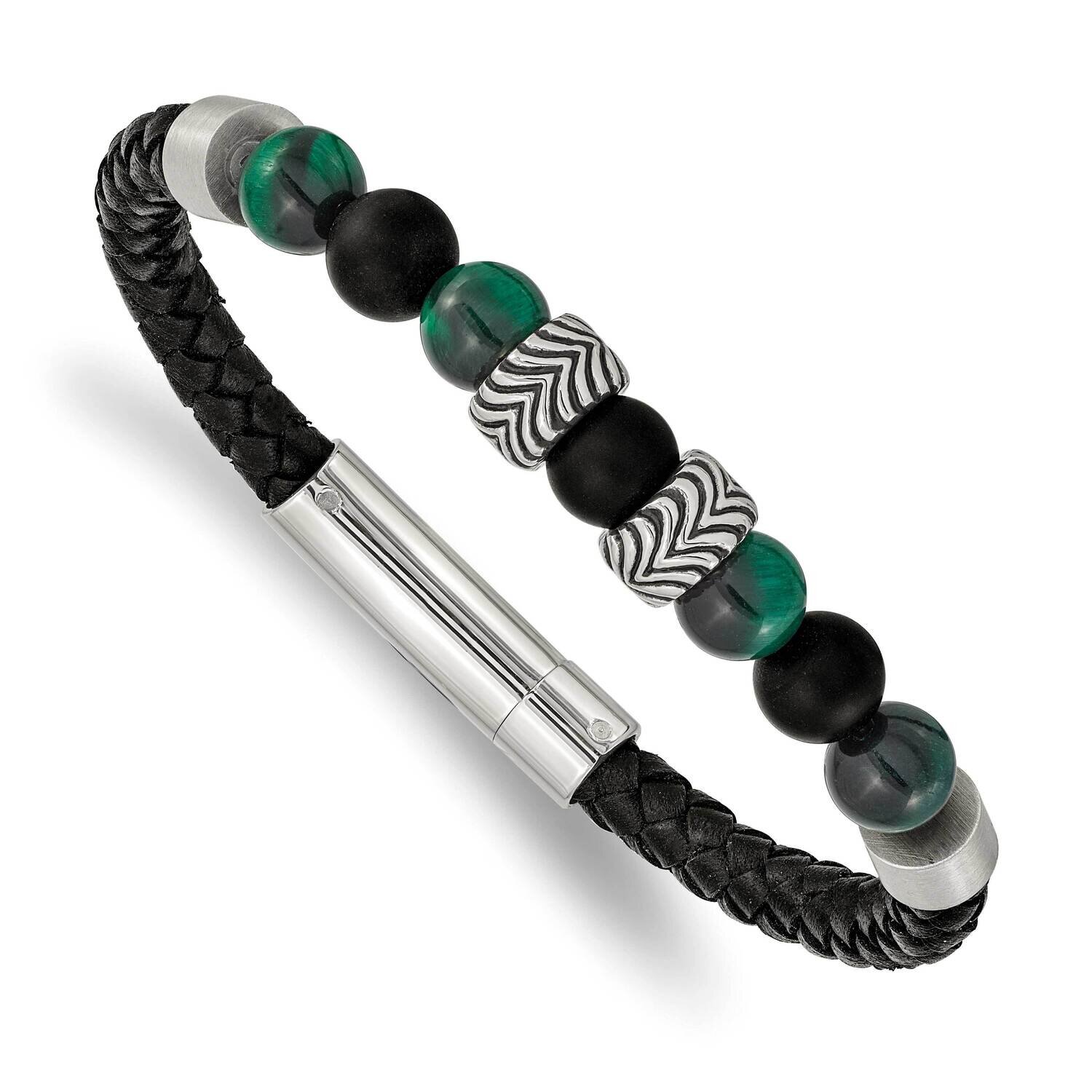 Polished Black Agate Green Tiger&#39;s Eye Leather Bracelet Stainless Steel Antiqued SRB2491-8.5, MPN: …
