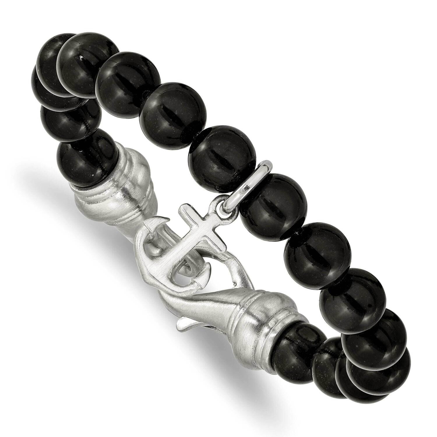 Black Agate Beads 8 Inch Anchor Bracelet Stainless Steel Brushed SRB2493-8