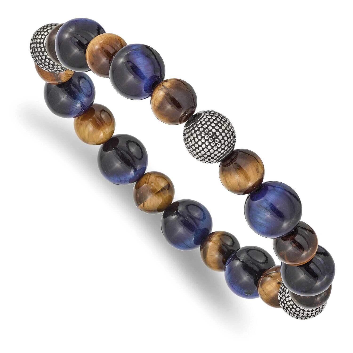Polished Brown Blue Tiger&#39;s Eye Stretch Bracelet Stainless Steel Antiqued SRB2502, MPN: SRB2502, 19…