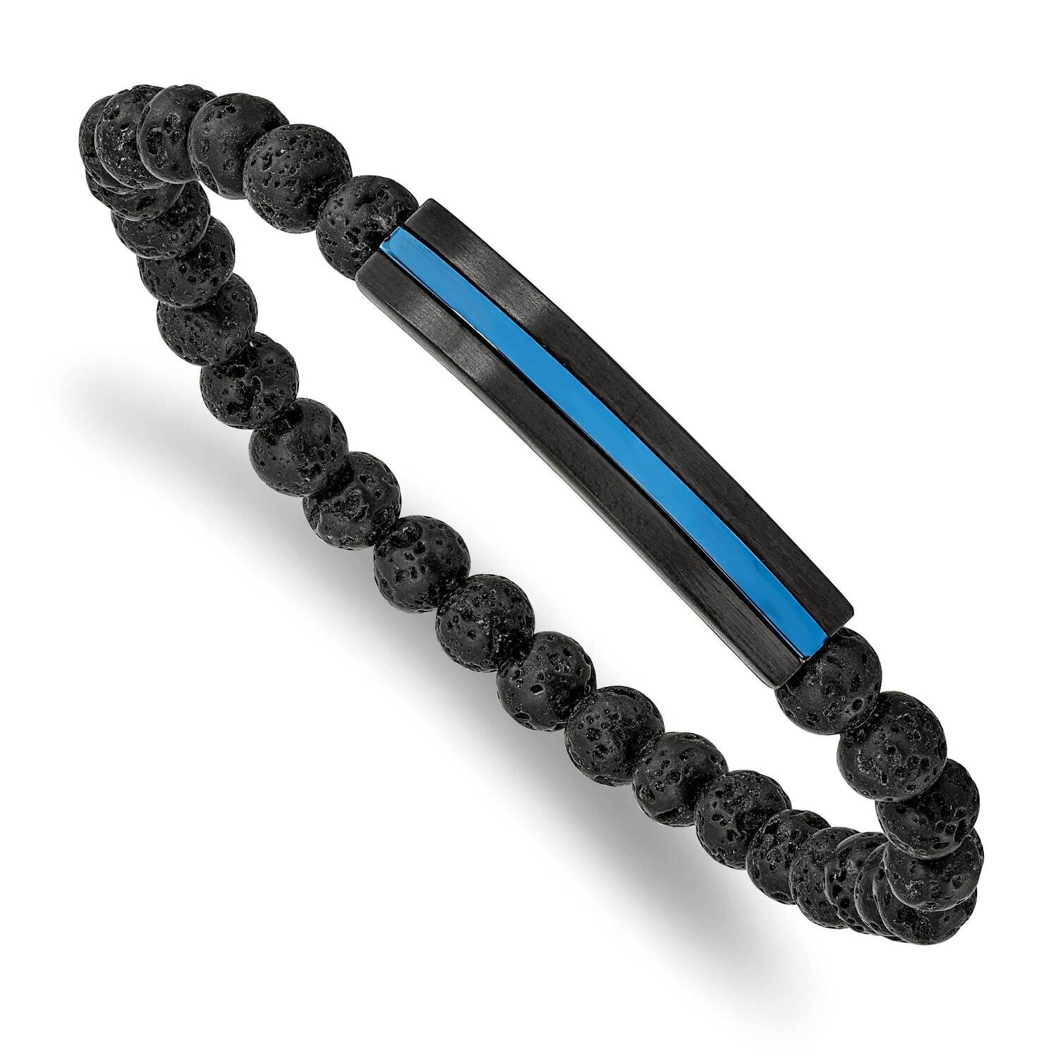Polished Black Blue Ip with Lava Stone Stretch Bracelet Stainless Steel Brushed SRB2544, MPN: SRB25…