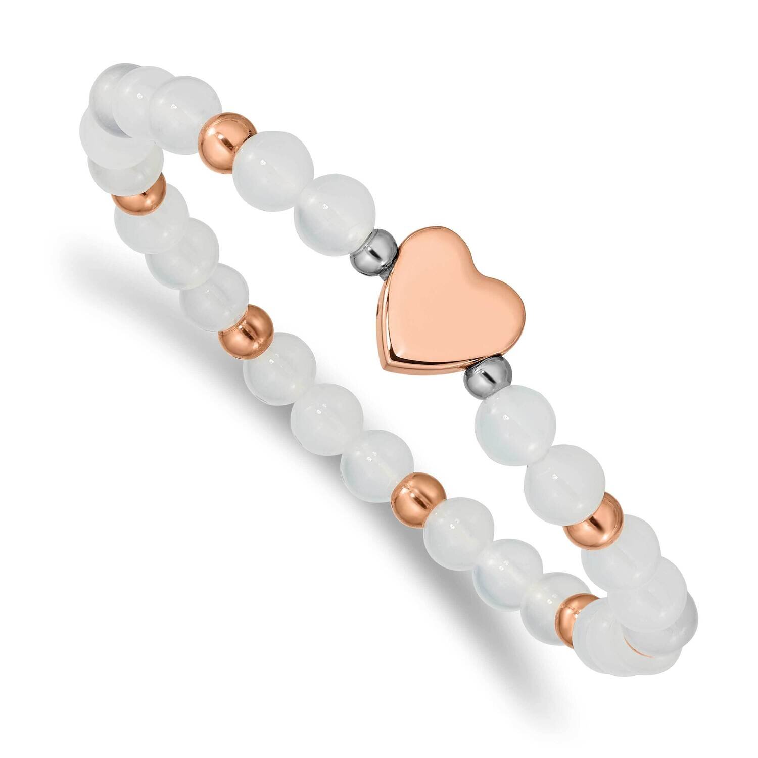 Rose Ip-Plated Heart White Agate Stretch Bracelet Stainless Steel SRB2554, MPN: SRB2554, 1911018609…