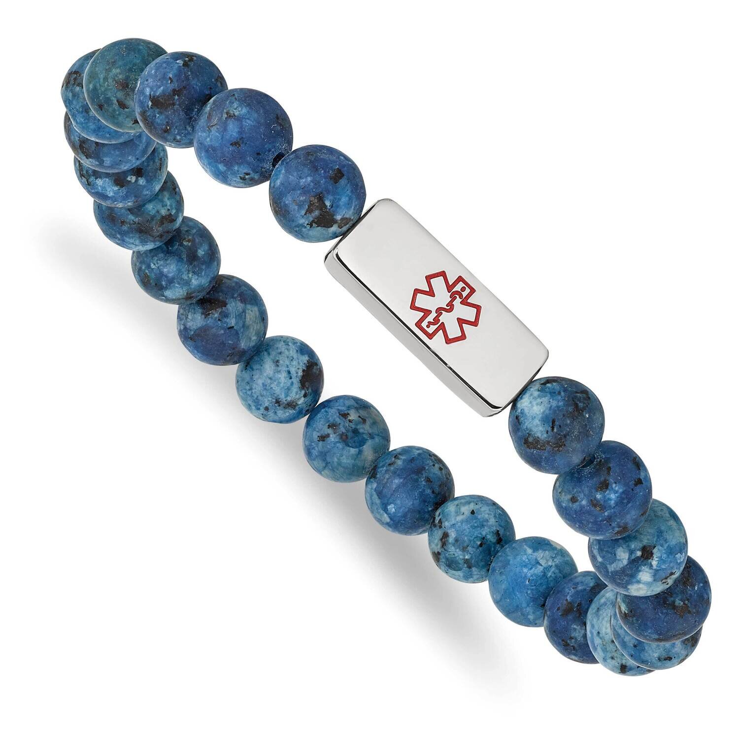 Medical Id Plate Lapis Bead Stretch Bracelet Stainless Steel Polished SRB2625