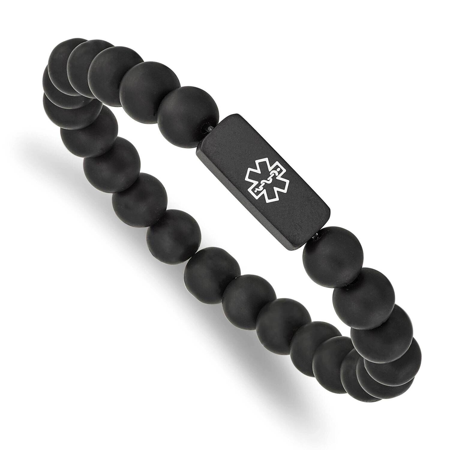 Black-Plated Medical Id Black Agate Stretch Bracelet Stainless Steel Brushed SRB2628