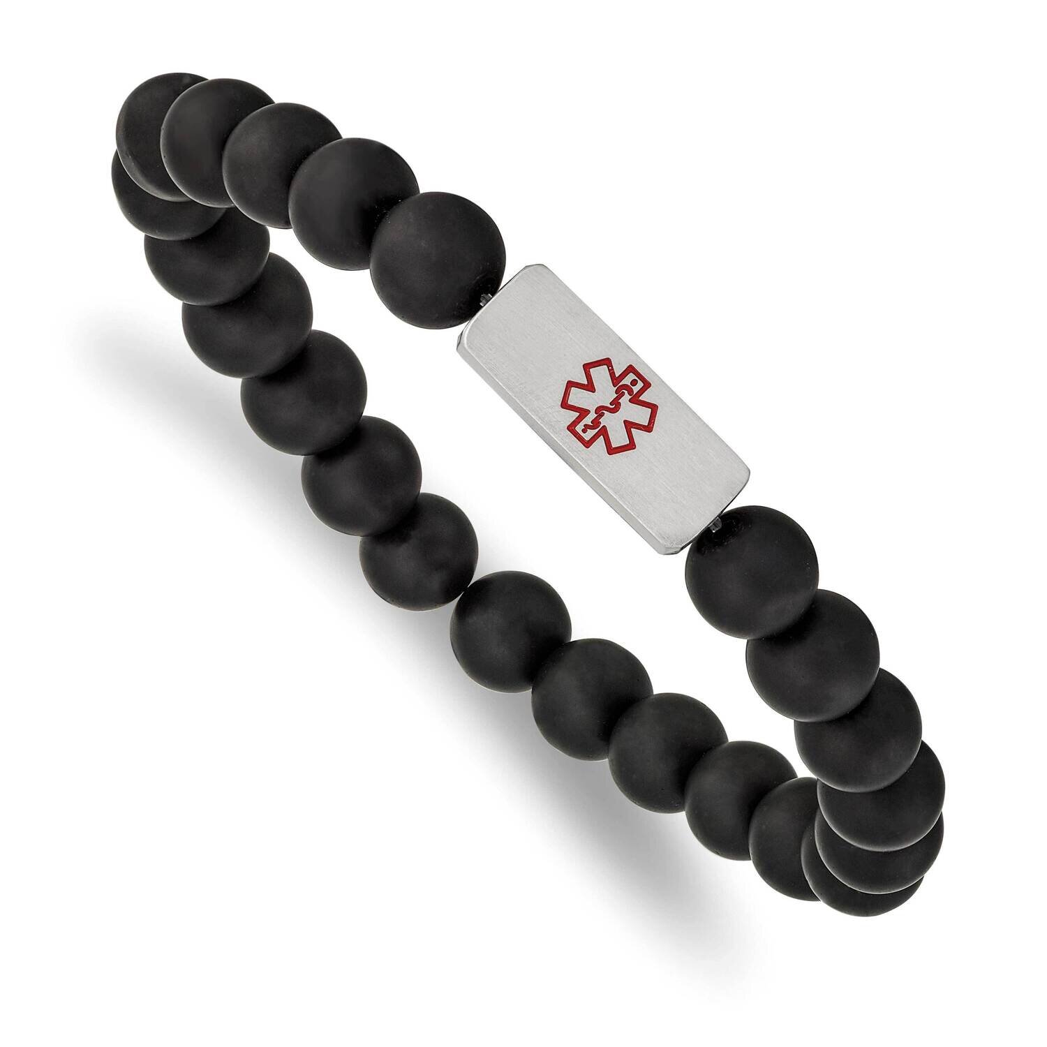 Medical Id Plate Black Agate Bead Stretch Bracelet Stainless Steel Brushed SRB2632, MPN: SRB2632, 1…