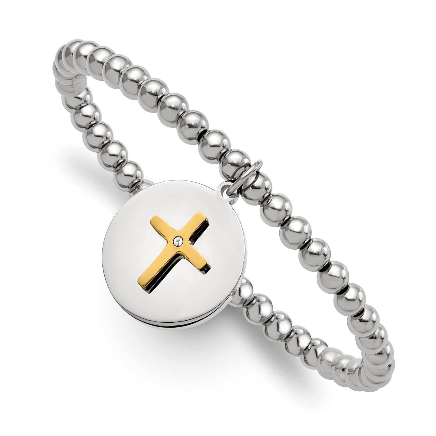 Yellow Ip Cross with Crystal Faith Stretch Bracelet Stainless Steel Polished SRB2643, MPN: SRB2643,…