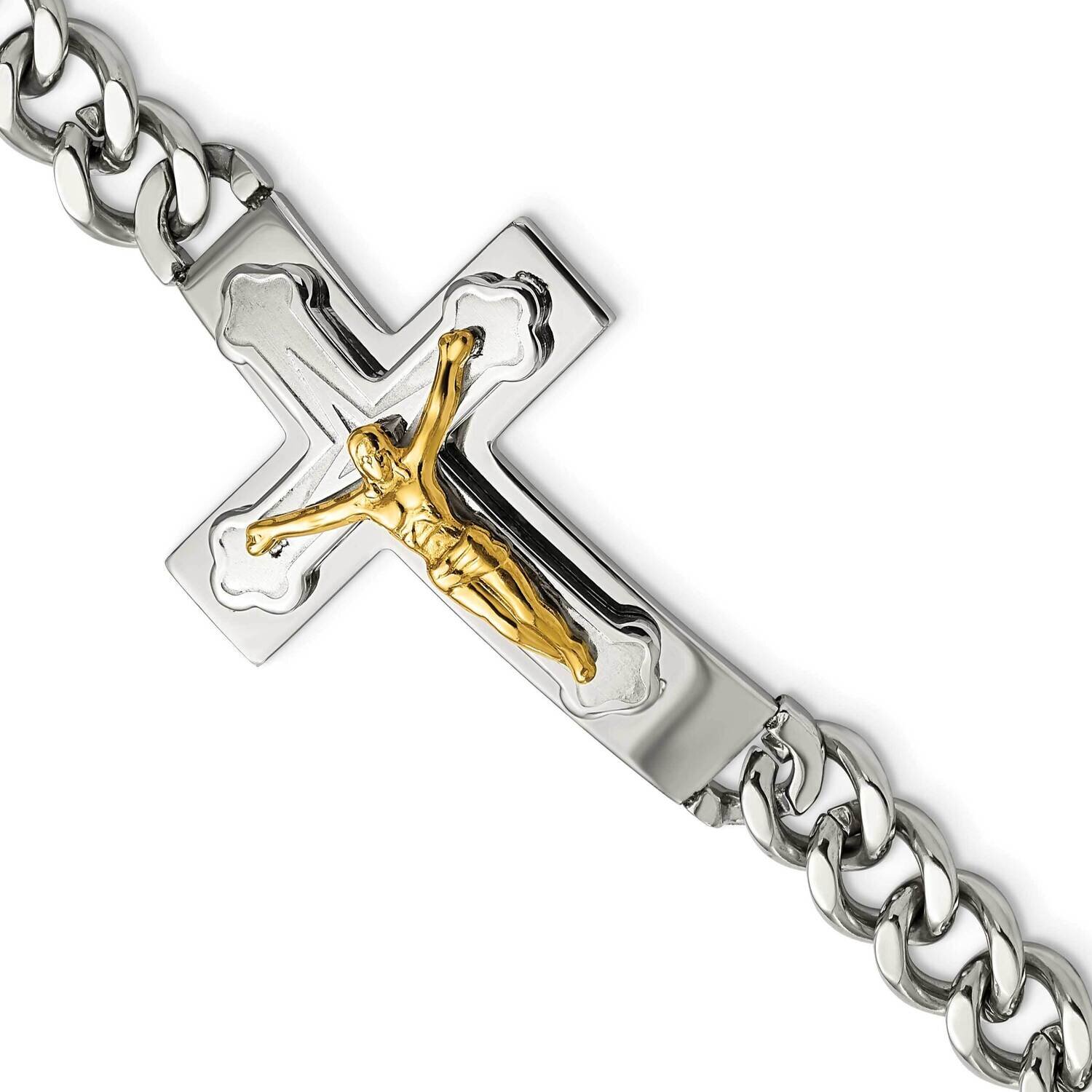 Yellow Ip-Plated Crucifix 8 Inch Bracelet Stainless Steel Polished SRB2654-8