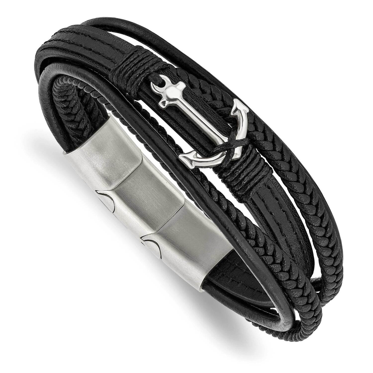 Anchor Genuine Pu Leather with .5 Inch Extender Bracelet Stainless Steel Polished SRB2714-7.75
