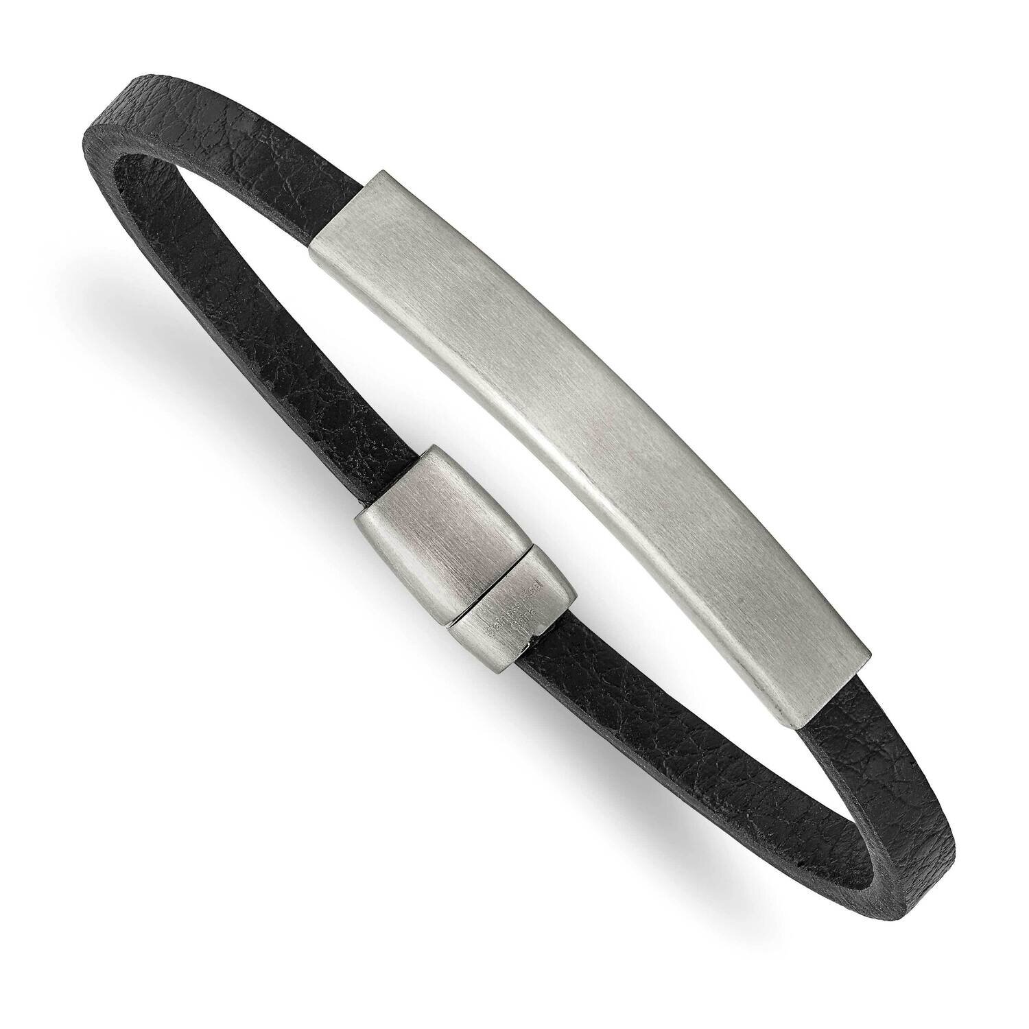 Textured Black Pu Leather 8.25 Inch Id Bracelet Stainless Steel Brushed SRB2715-8.25