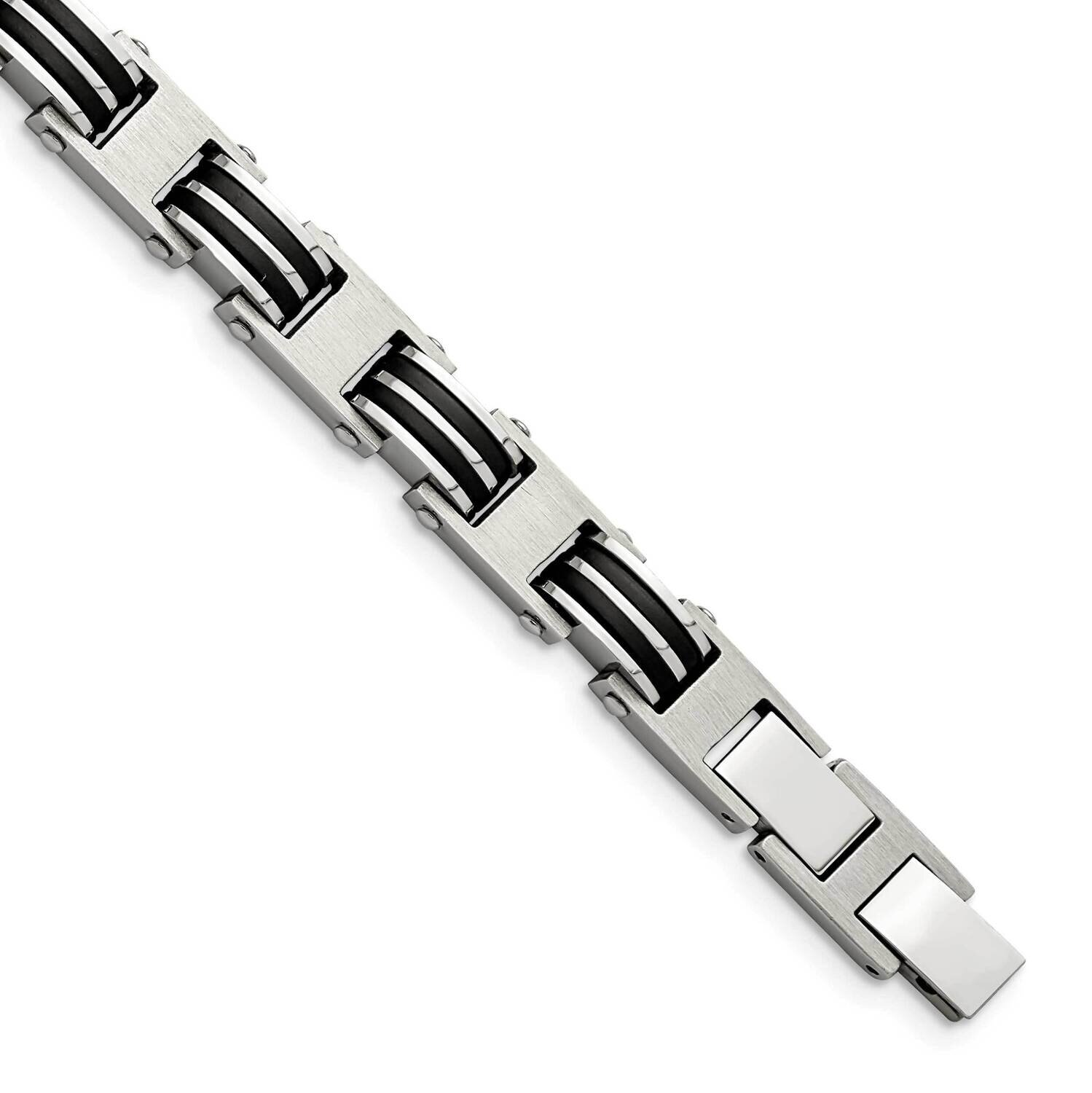Polished with Black Rubber with .5 Inch Extender 7.75 Inch Bracelet Stainless Steel Brushed SRB2717…