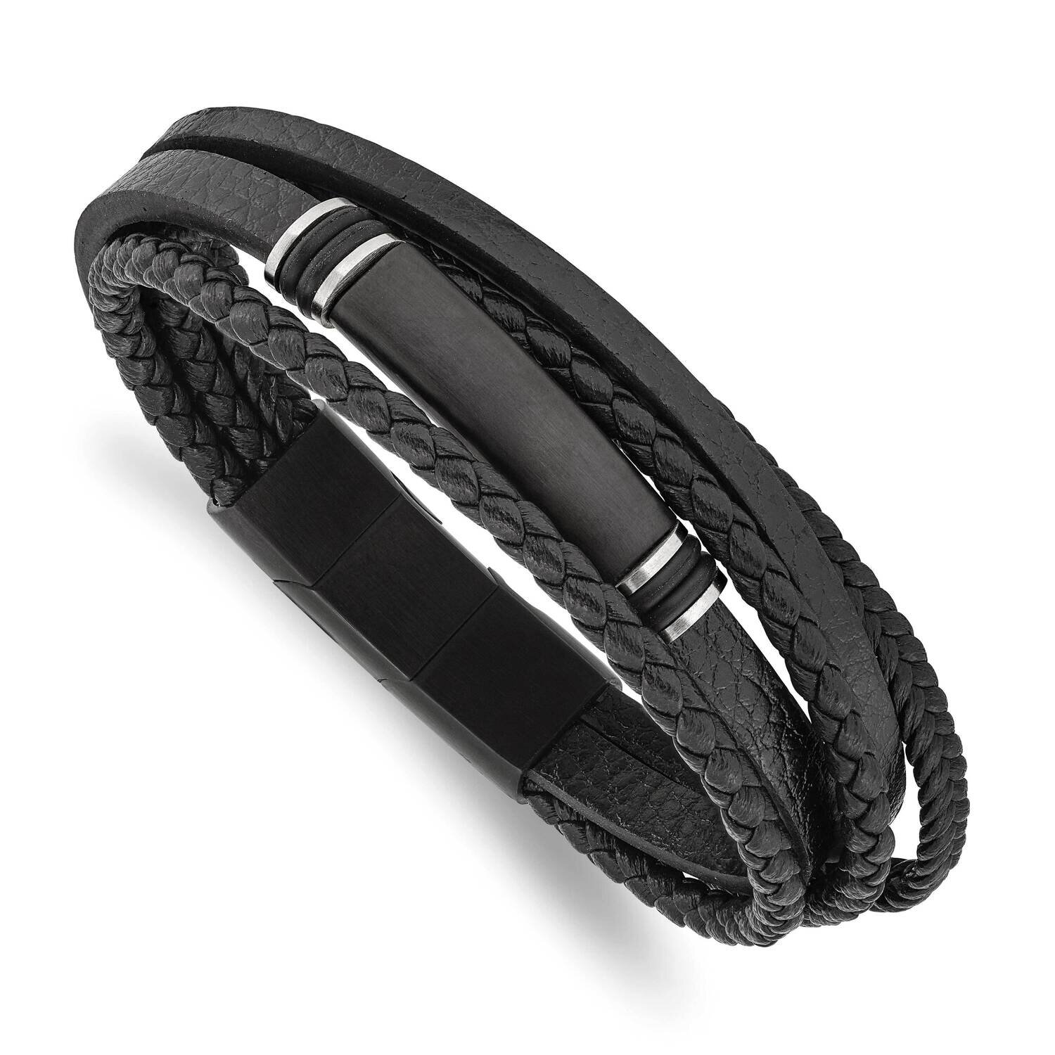 Black Ip Pu Leather/Rubber with .5 Inch Extender 8 Inch Bracelet Stainless Steel Brushed SRB2719-8