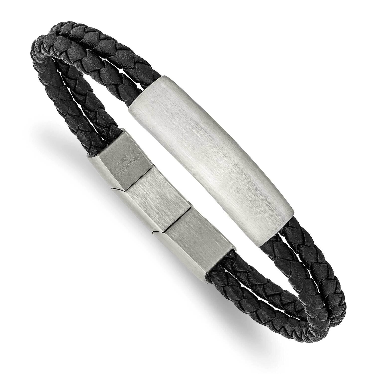 Braided Black Leather with .5 Inch Extender 8 Inch Bracelet Stainless Steel Brushed SRB2722-8