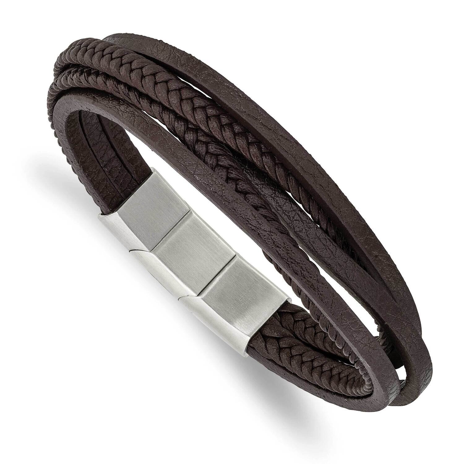Brown Pu Leather Multi Strand with .5 Inch Extender Bracelet Stainless Steel Polished SRB2725-8