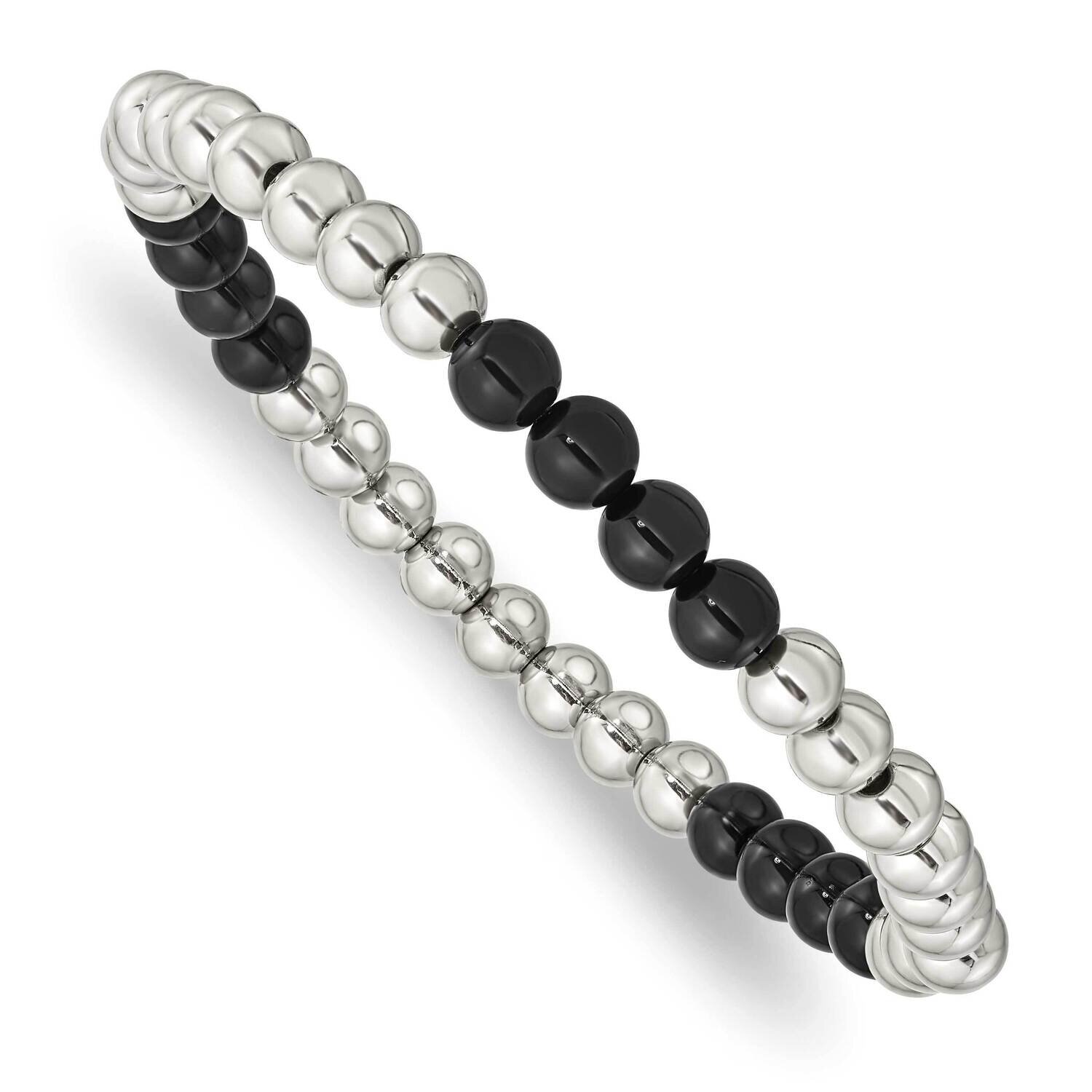 Black Onyx Beaded Stretch Bracelet Stainless Steel Polished SRB2734