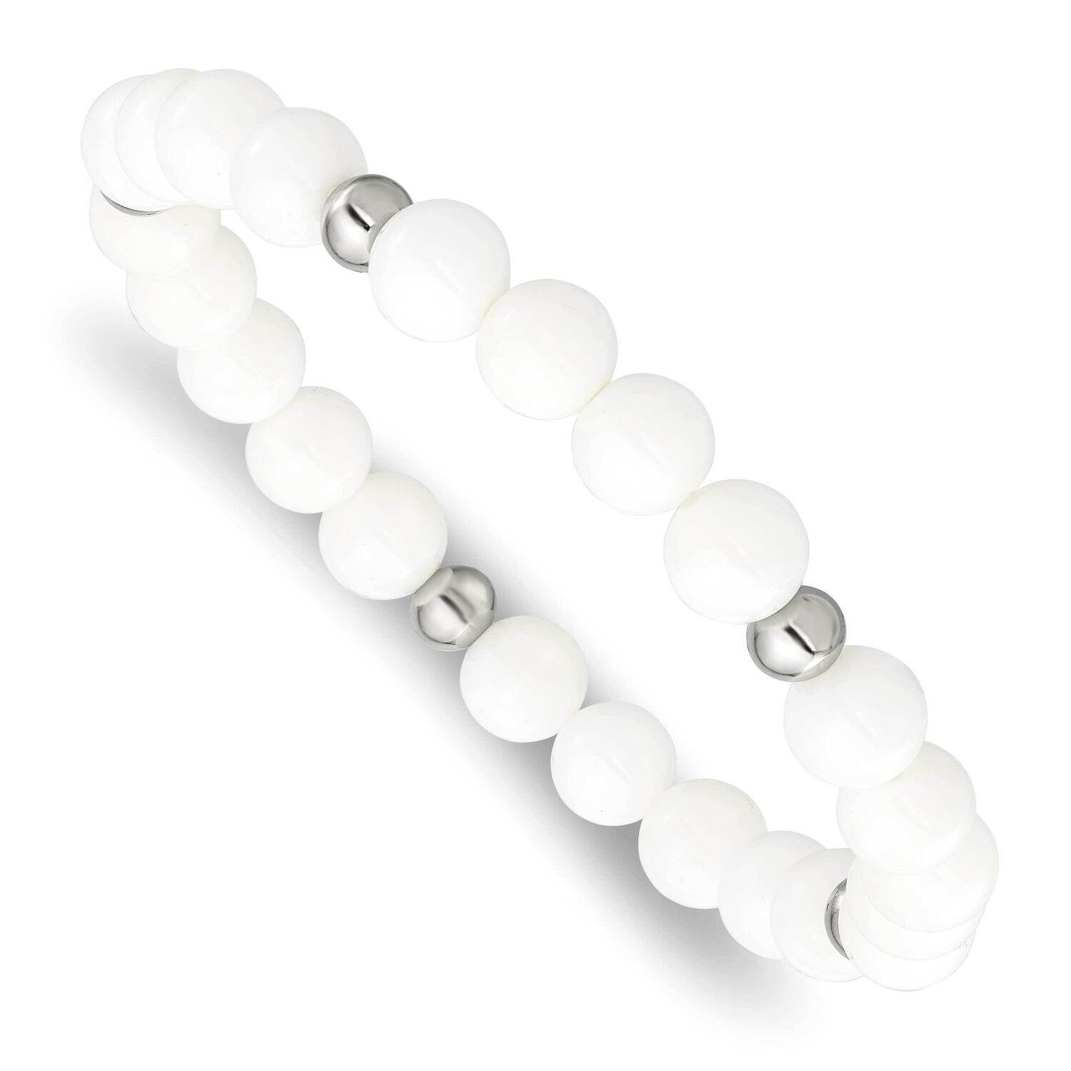White Ceramic Beaded Stretch Bracelet Stainless Steel Polished SRB2745, MPN: SRB2745, 191101860461